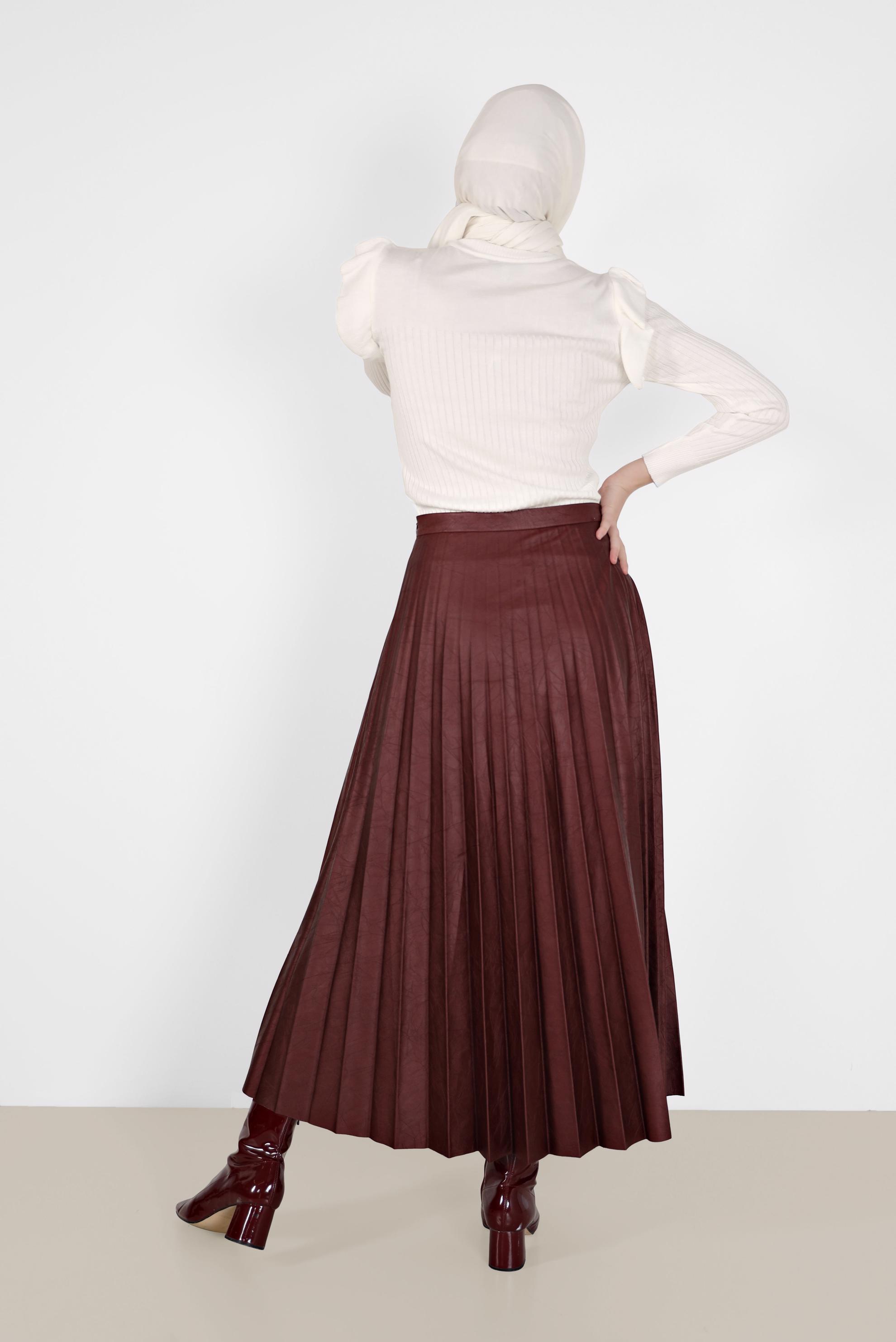 Hijab clothing CLARET RED PLEATED LEATHER SKIRT 60205