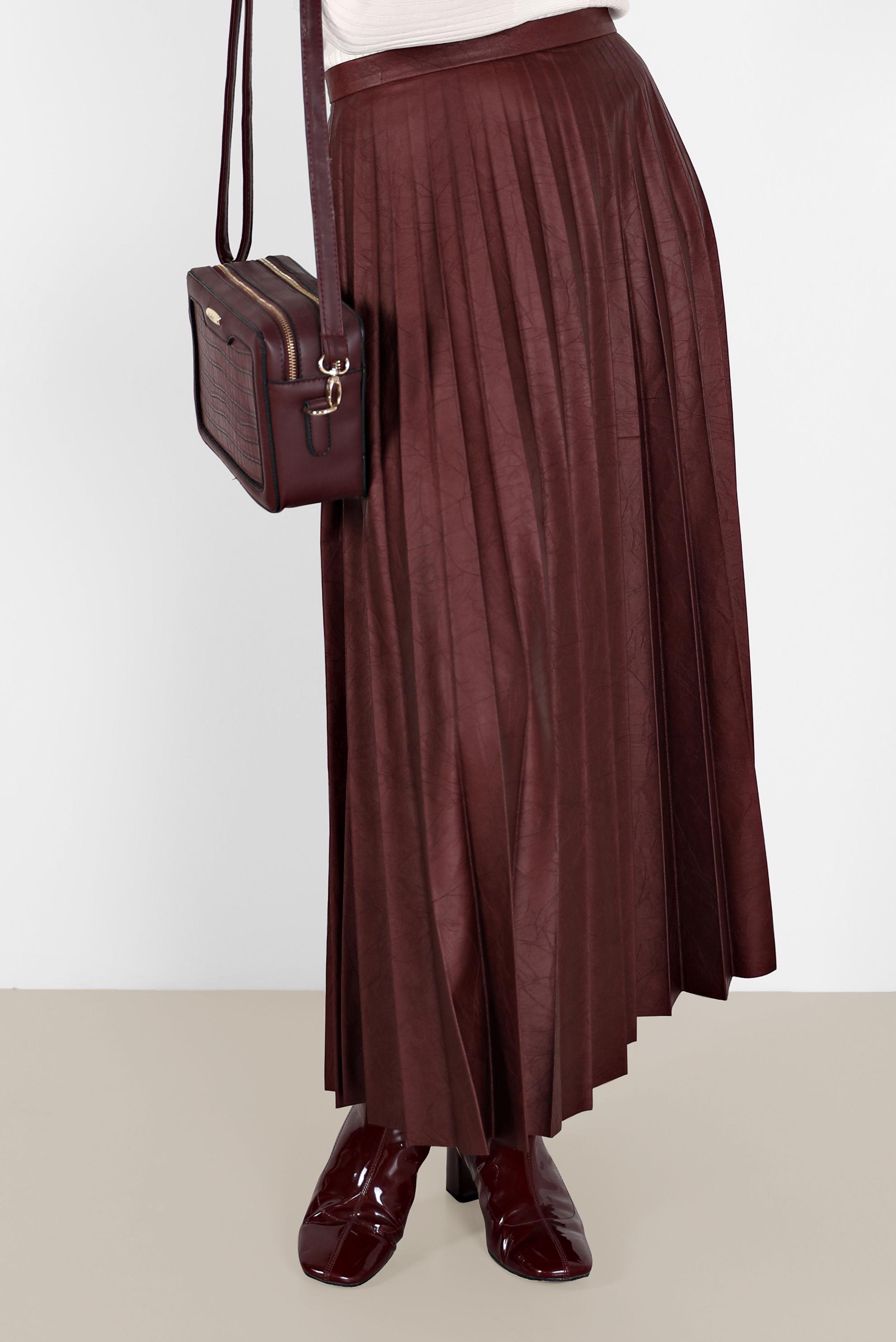 Hijab clothing CLARET RED PLEATED LEATHER SKIRT 60205