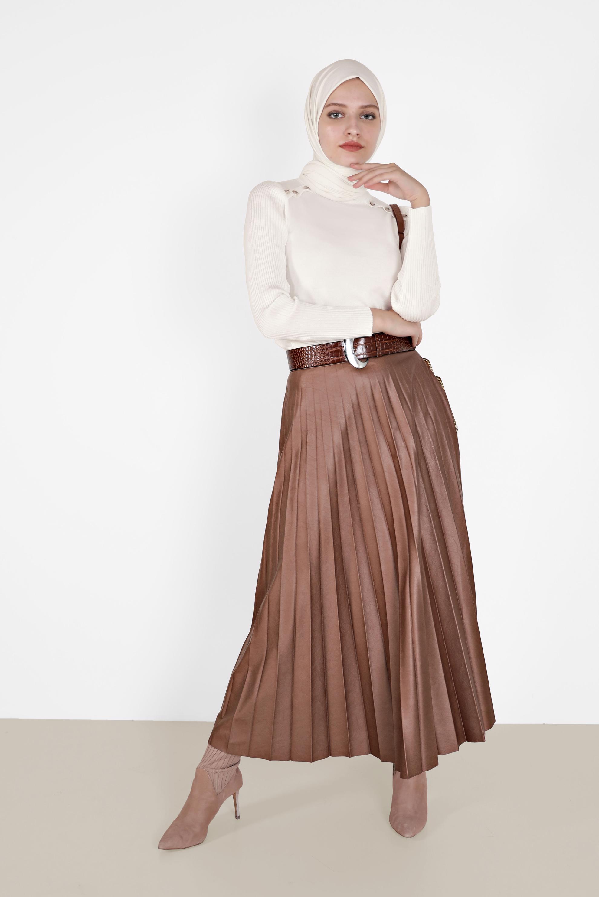Tesettür giyim KAHVE PİLİSELİ DERİ ETEK 60205