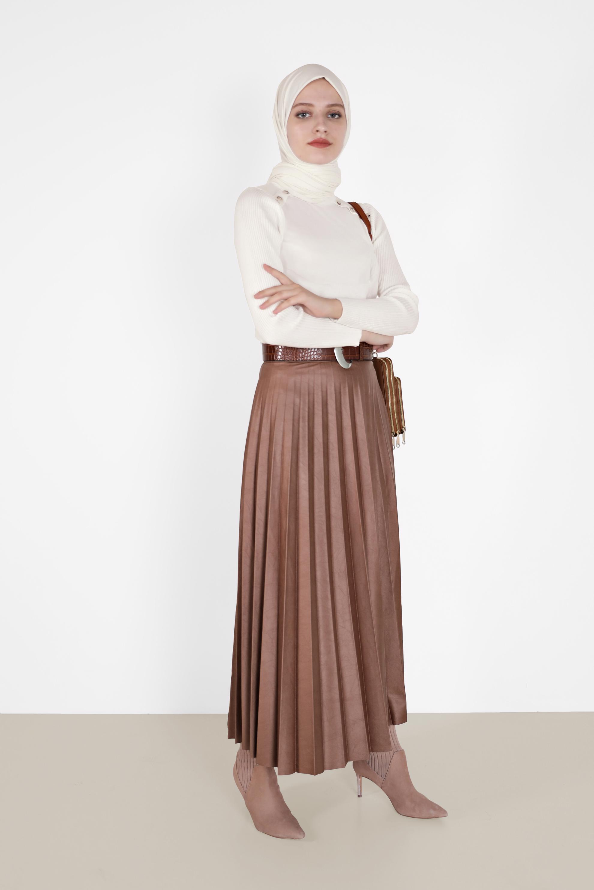 Tesettür giyim KAHVE PİLİSELİ DERİ ETEK 60205
