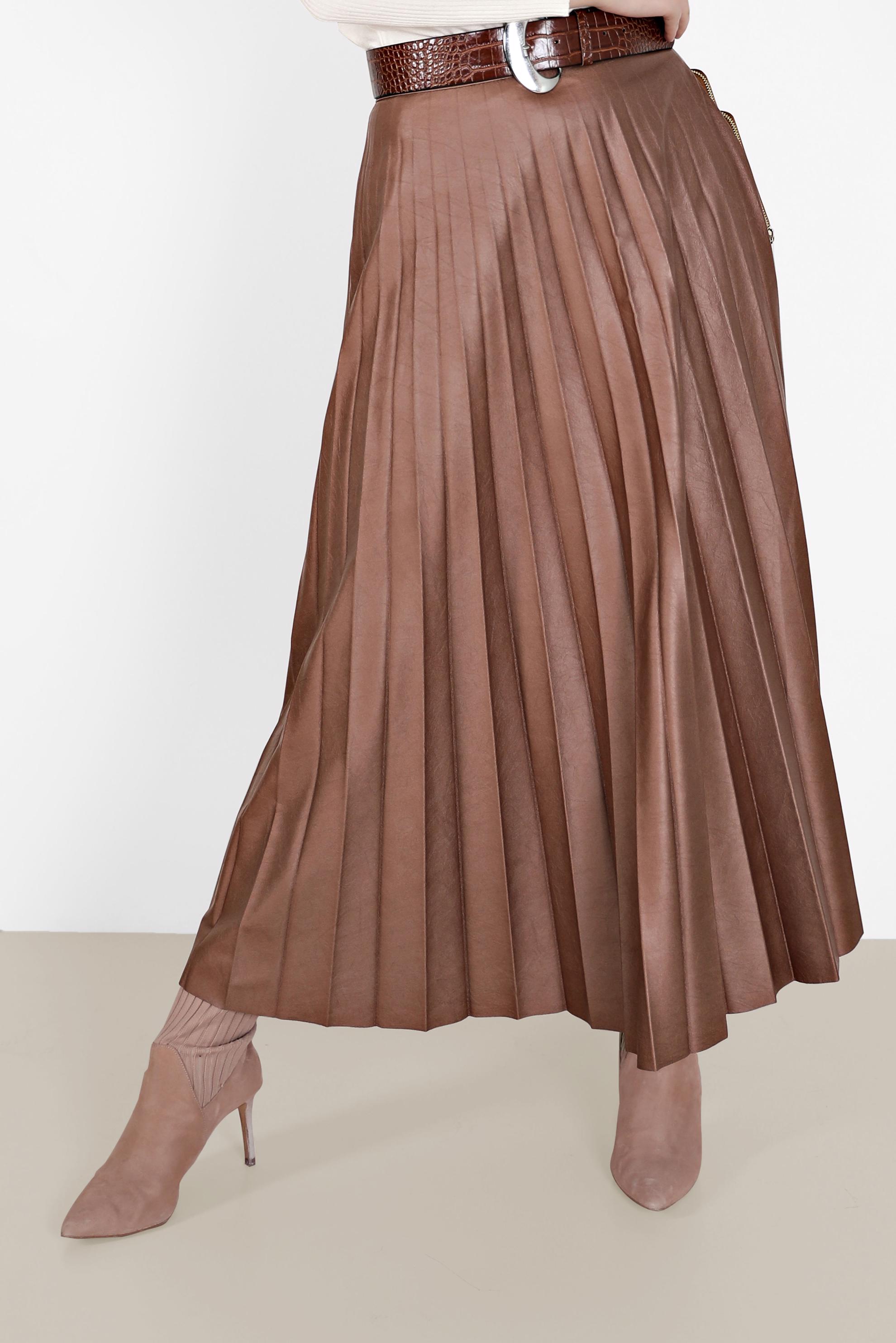 Tesettür giyim KAHVE PİLİSELİ DERİ ETEK 60205