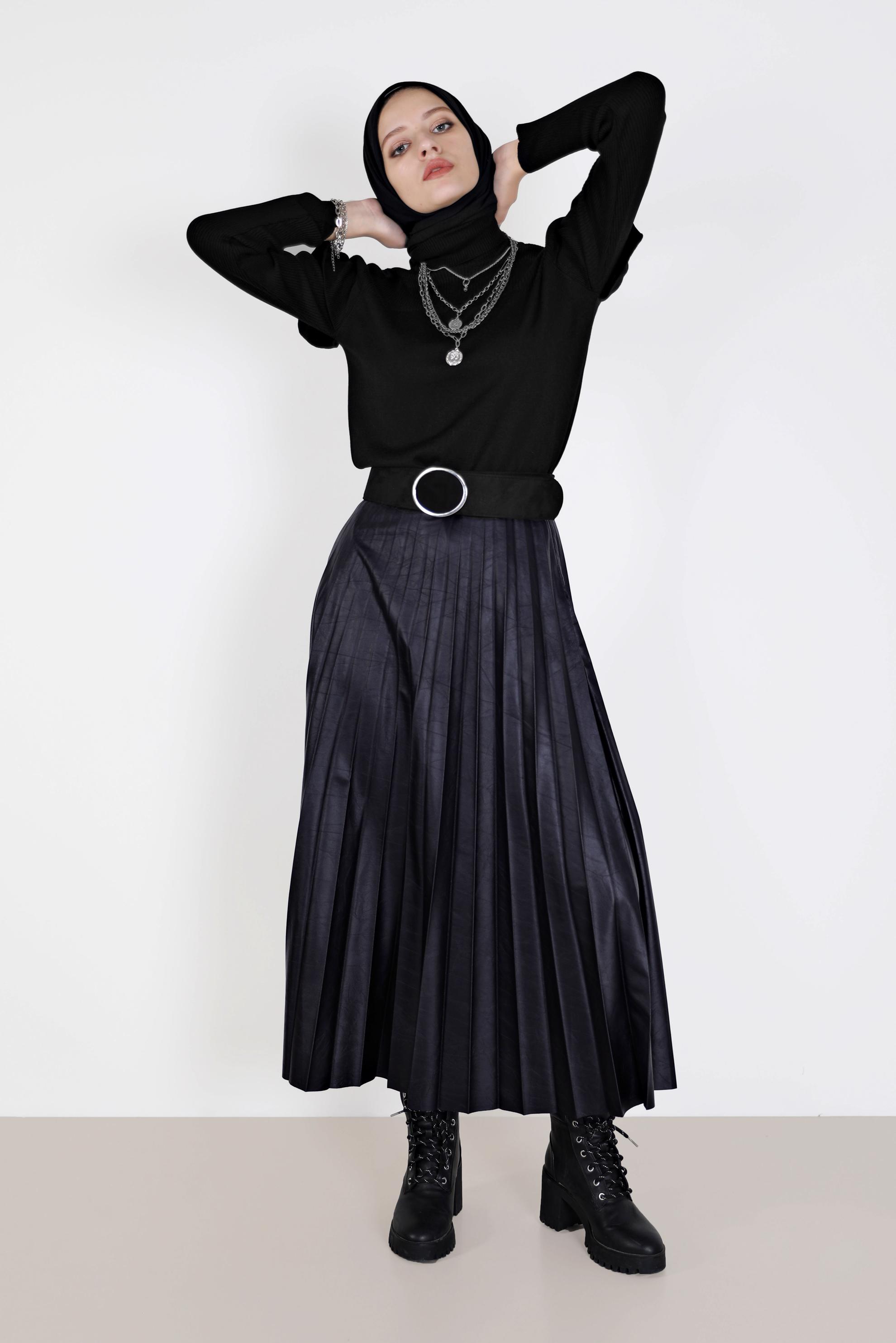 Tesettür giyim LACİVERT PİLİSELİ DERİ ETEK 60205