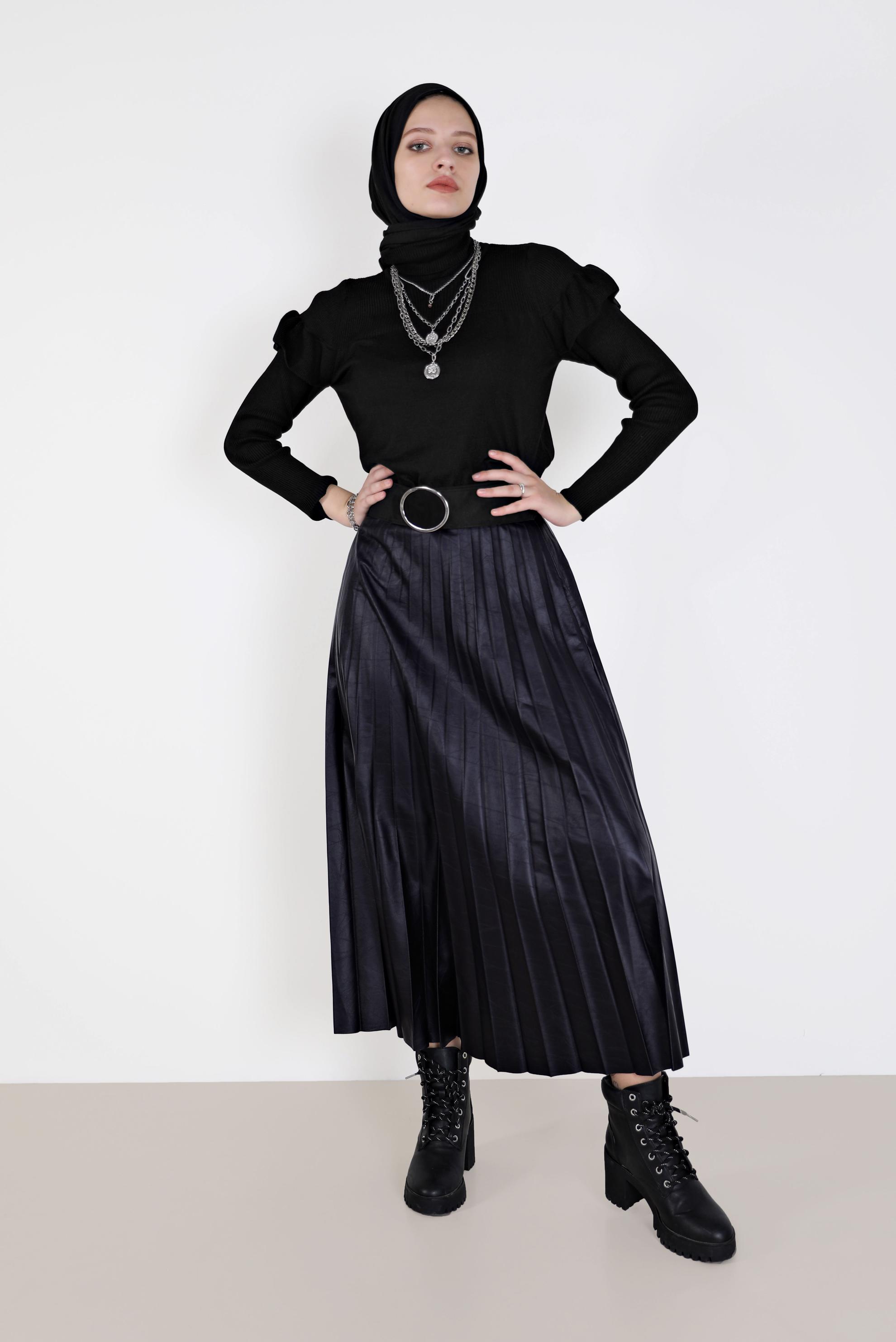 Tesettür giyim LACİVERT PİLİSELİ DERİ ETEK 60205