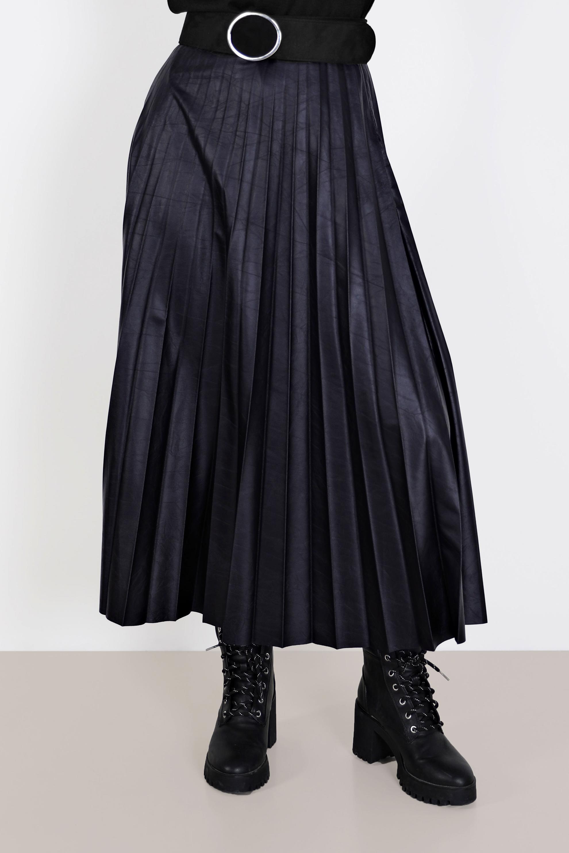 Tesettür giyim LACİVERT PİLİSELİ DERİ ETEK 60205