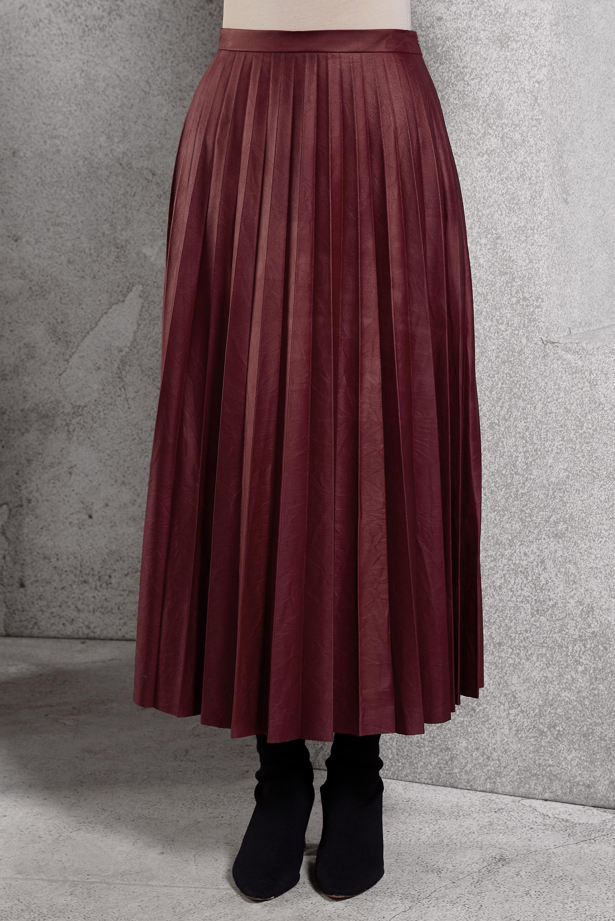 Tesettür giyim KIRMIZI PİLİSELİ DERİ ETEK 60205