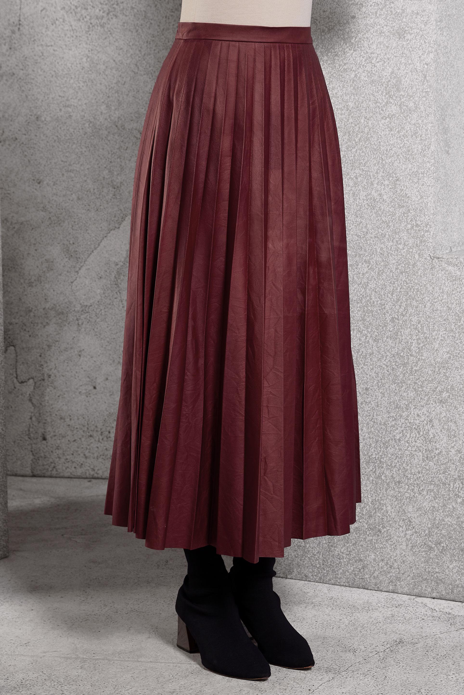 Tesettür giyim KIRMIZI PİLİSELİ DERİ ETEK 60205