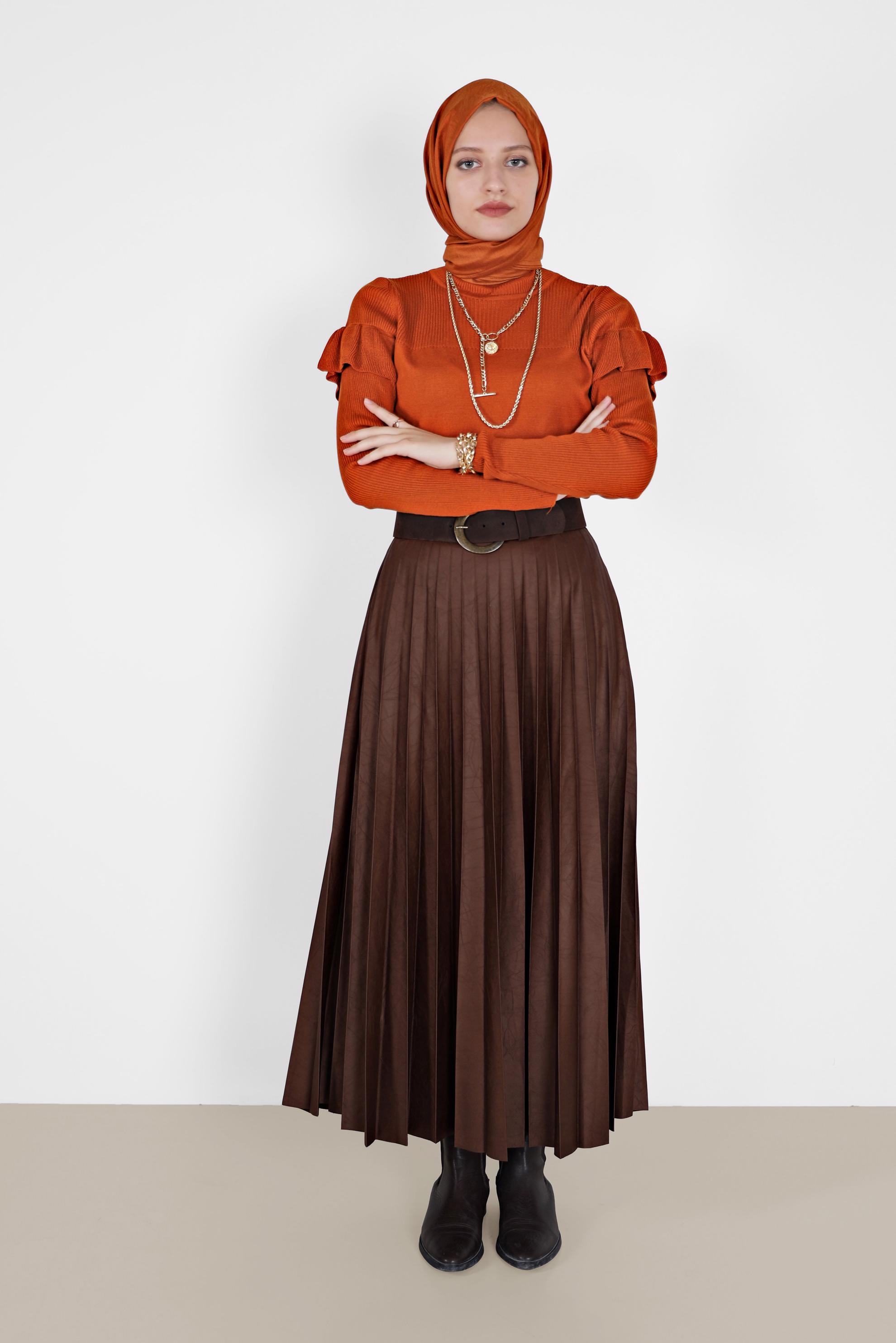 Tesettür giyim KAHVE PİLİSELİ DERİ ETEK 60205