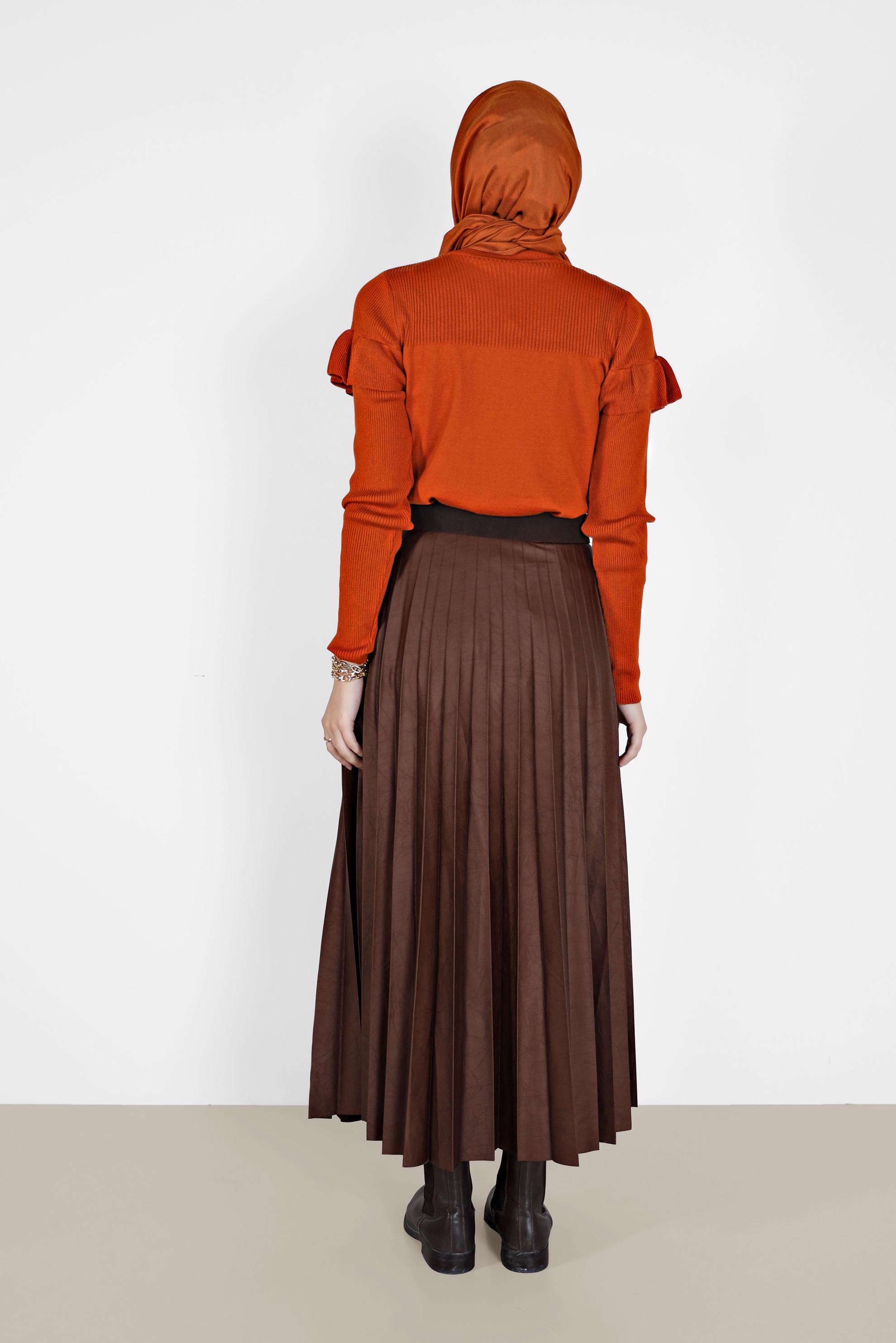 Tesettür giyim KAHVE PİLİSELİ DERİ ETEK 60205