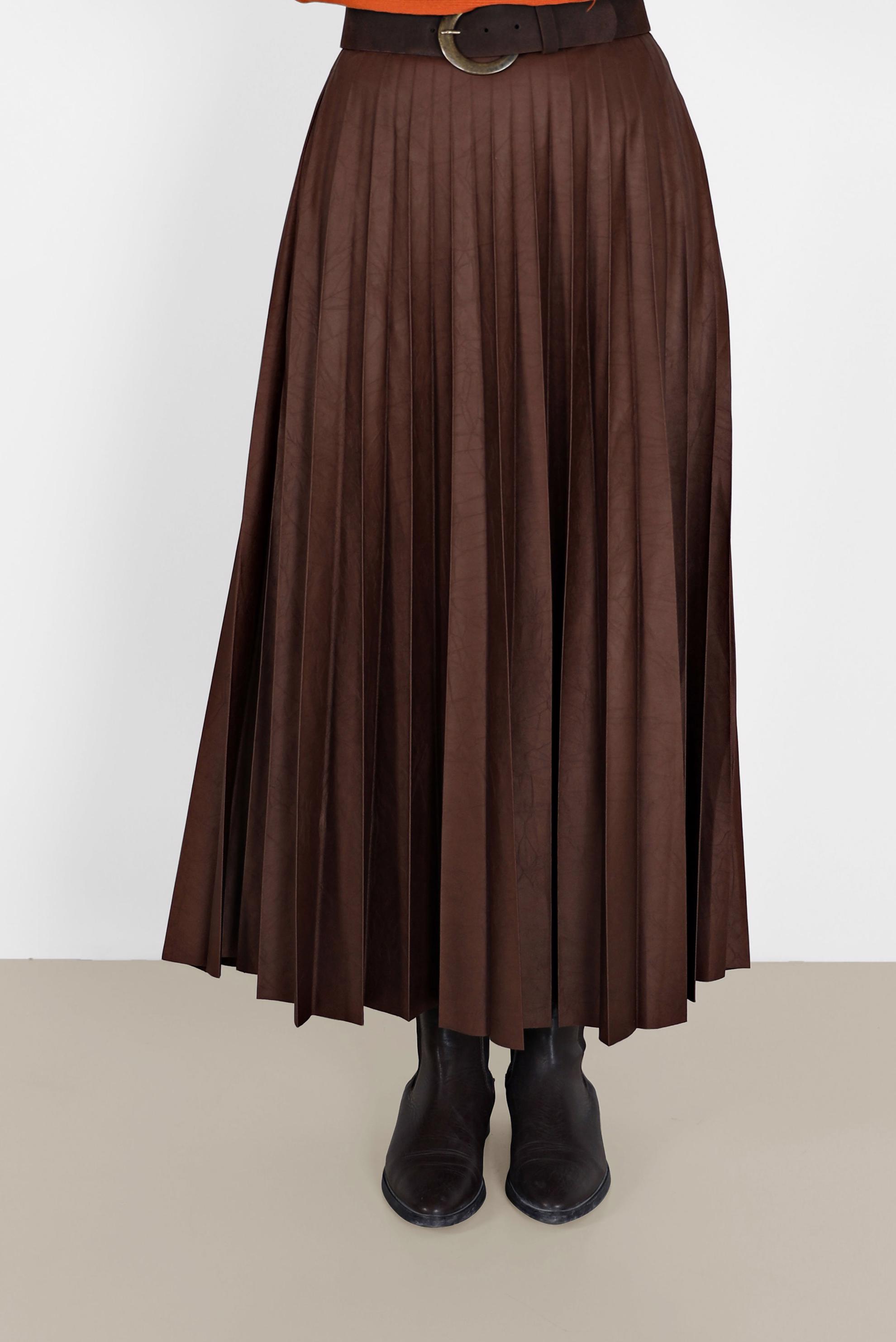 Tesettür giyim KAHVE PİLİSELİ DERİ ETEK 60205