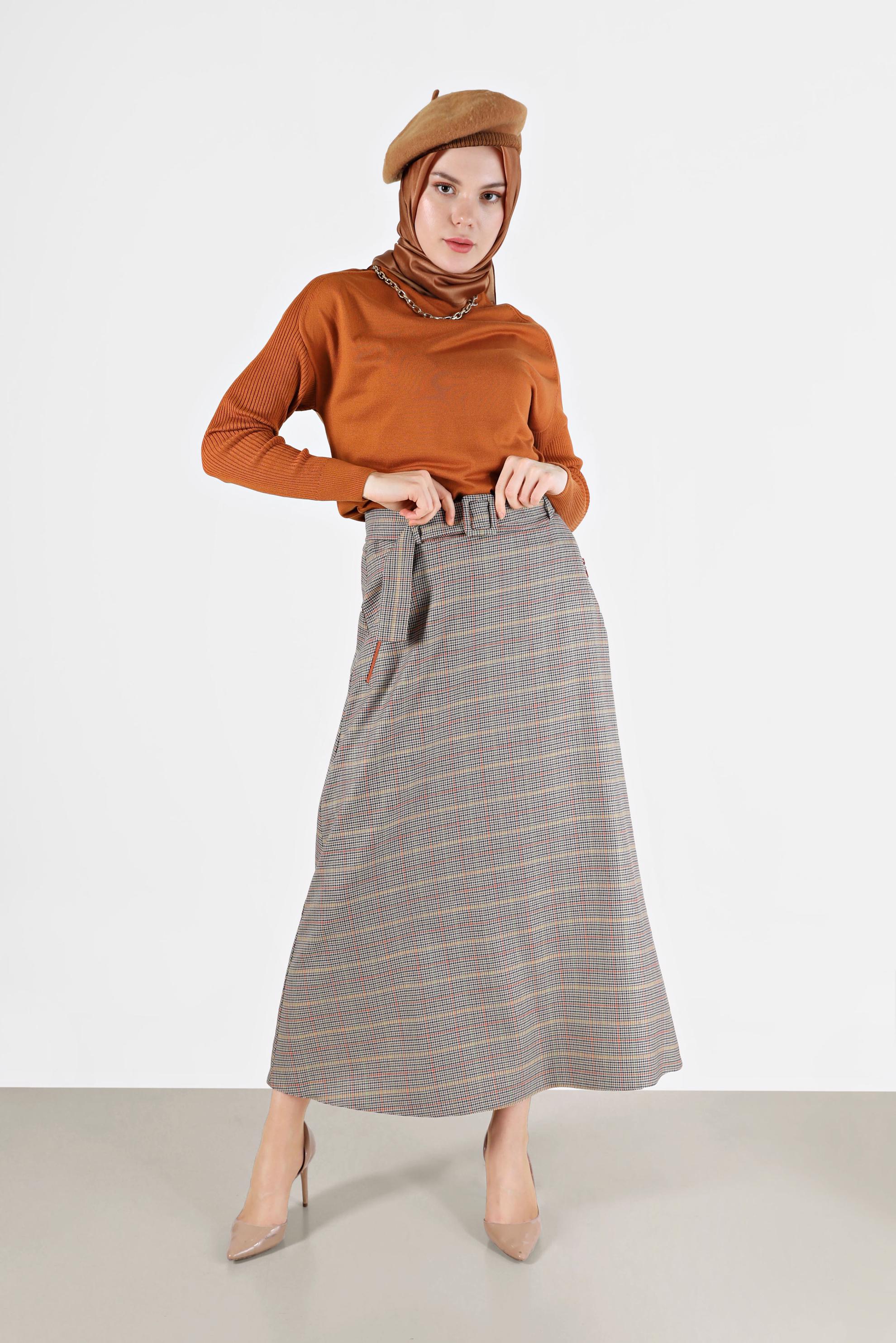 Tesettür giyim KAHVE EKOSE DESEN KUŞAKLI EKOSE ETEK 60206 