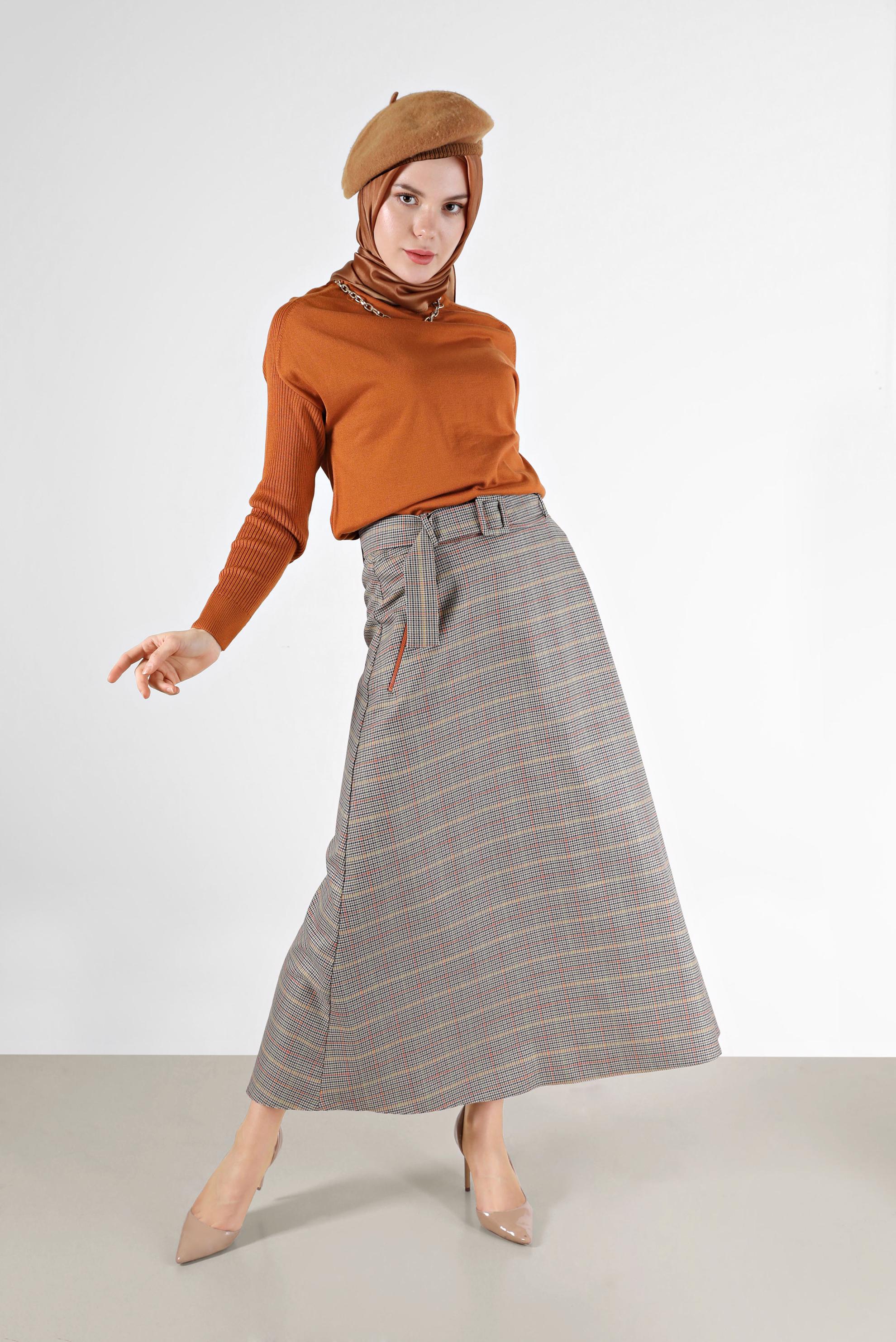 Tesettür giyim KAHVE EKOSE DESEN KUŞAKLI EKOSE ETEK 60206 