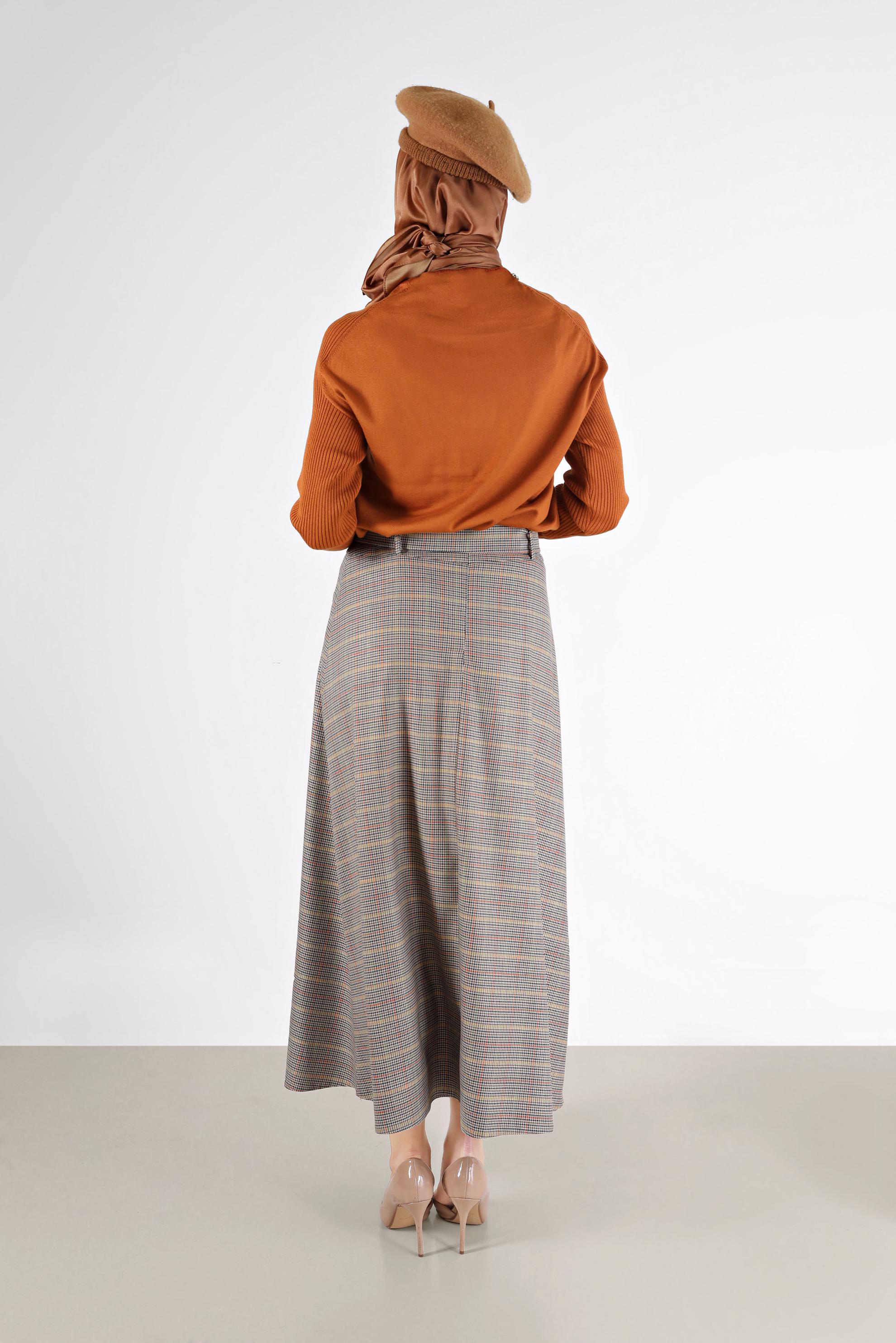 Tesettür giyim KAHVE EKOSE DESEN KUŞAKLI EKOSE ETEK 60206 