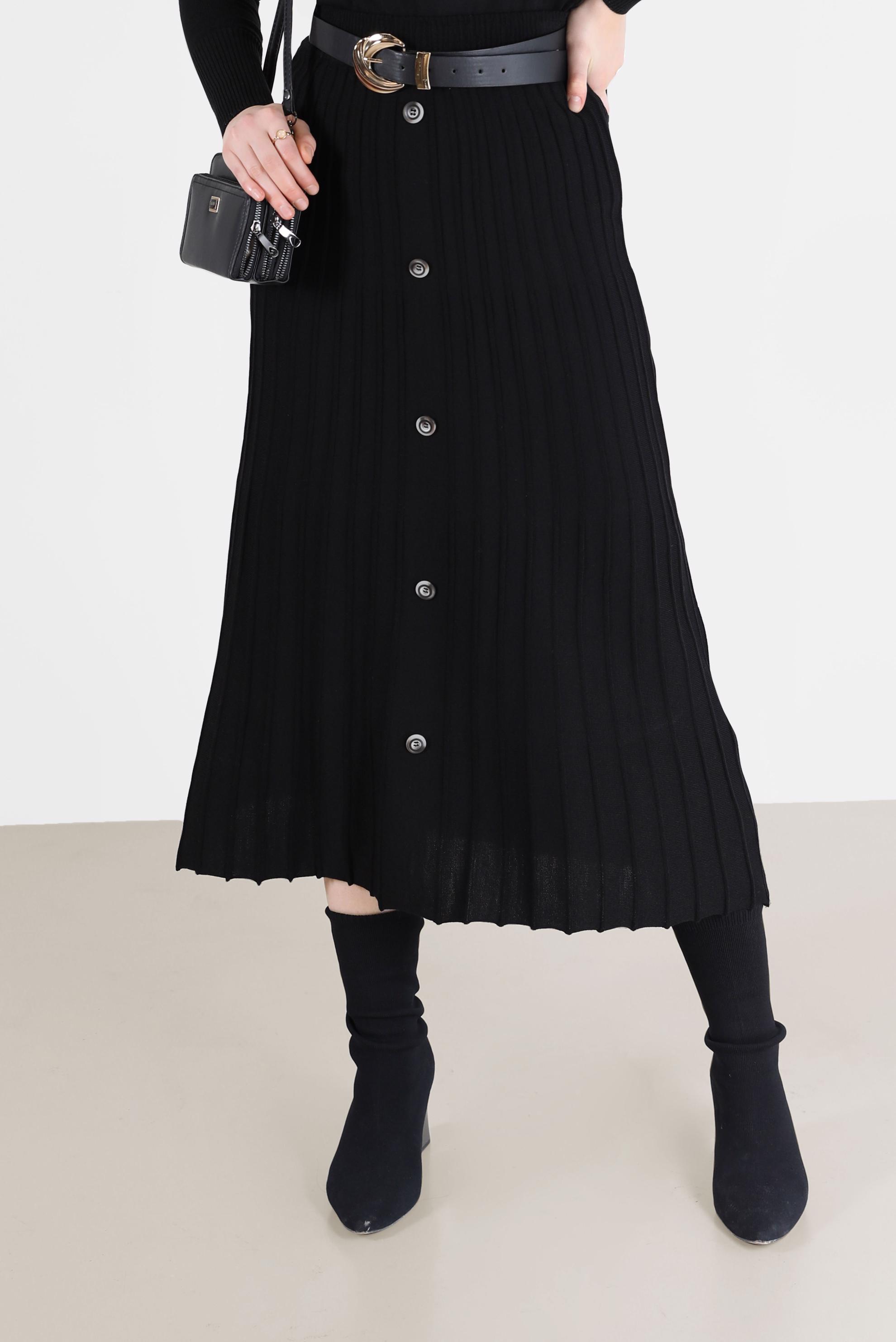 Tesettür giyim SİYAH PLİSELİ DÜĞME DETAYLI TRİKO ETEK 60207 