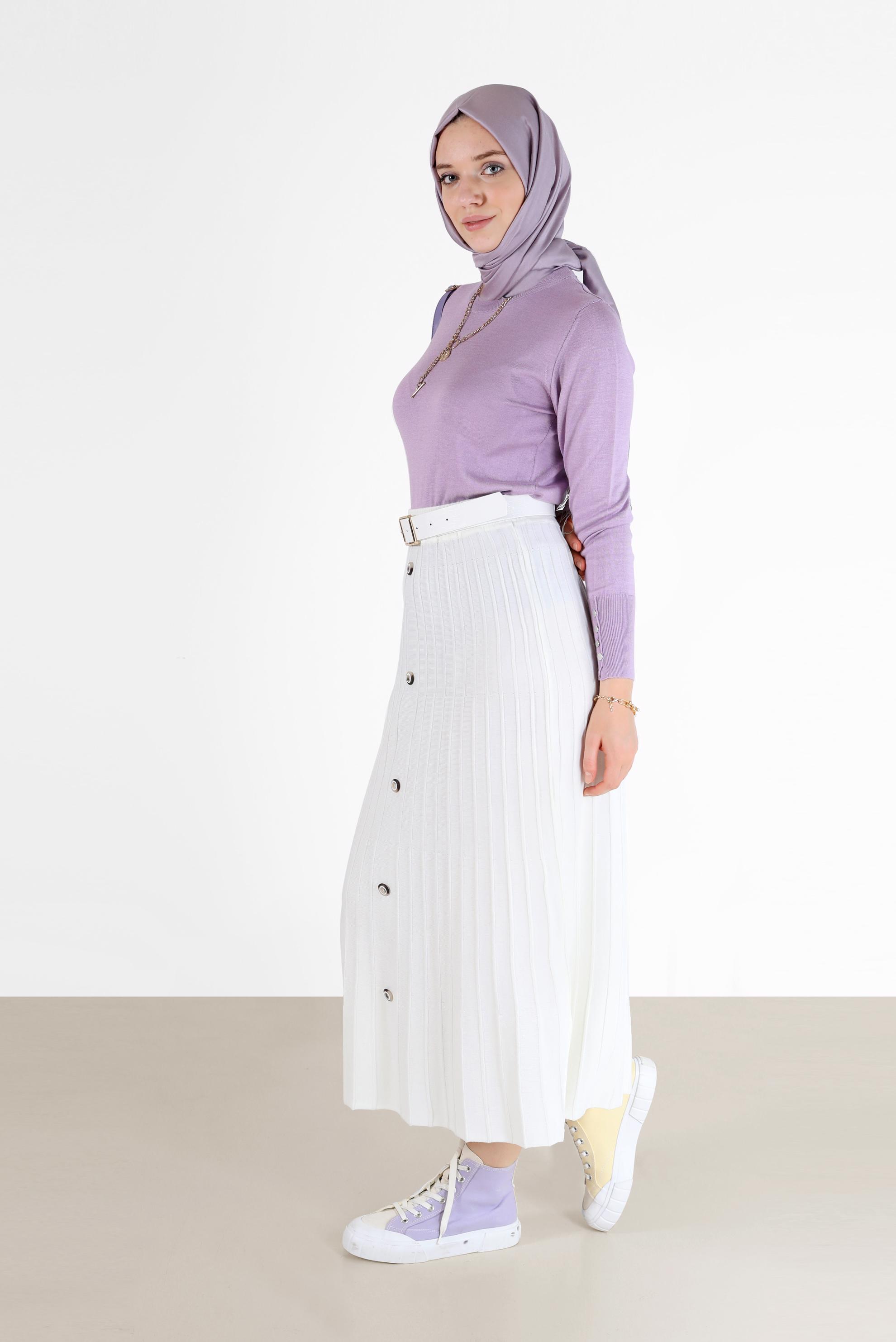 Tesettür giyim BEYAZ PLİSELİ DÜĞME DETAYLI TRİKO ETEK 60207 
