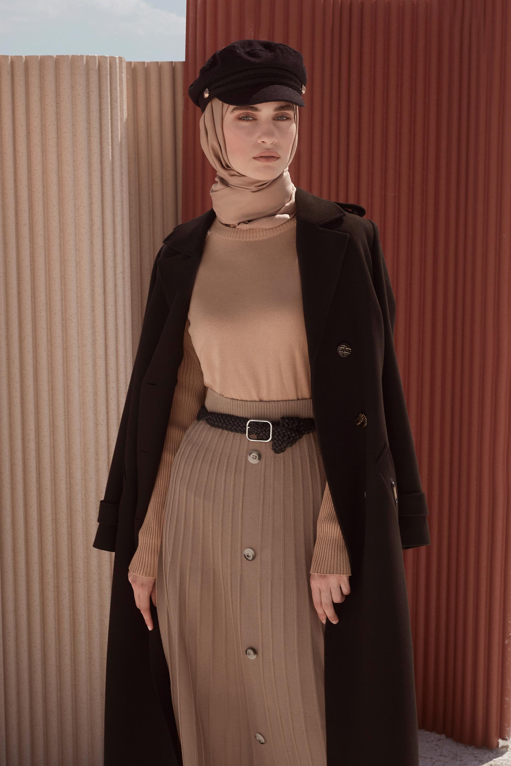 Tesettür giyim KAHVE PLİSELİ DÜĞME DETAYLI TRİKO ETEK 60207 