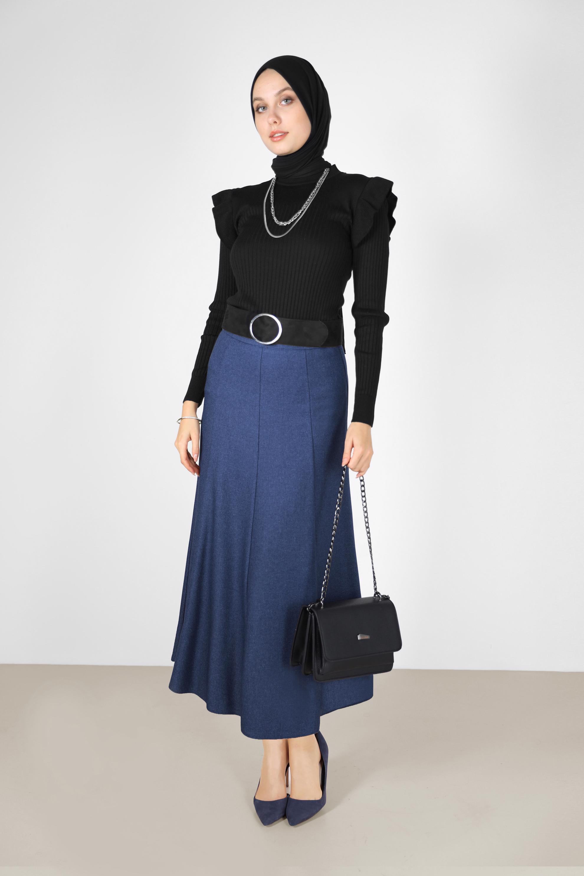 Tesettür giyim LACİVERT PARÇALI ÇAN ETEK 60208 