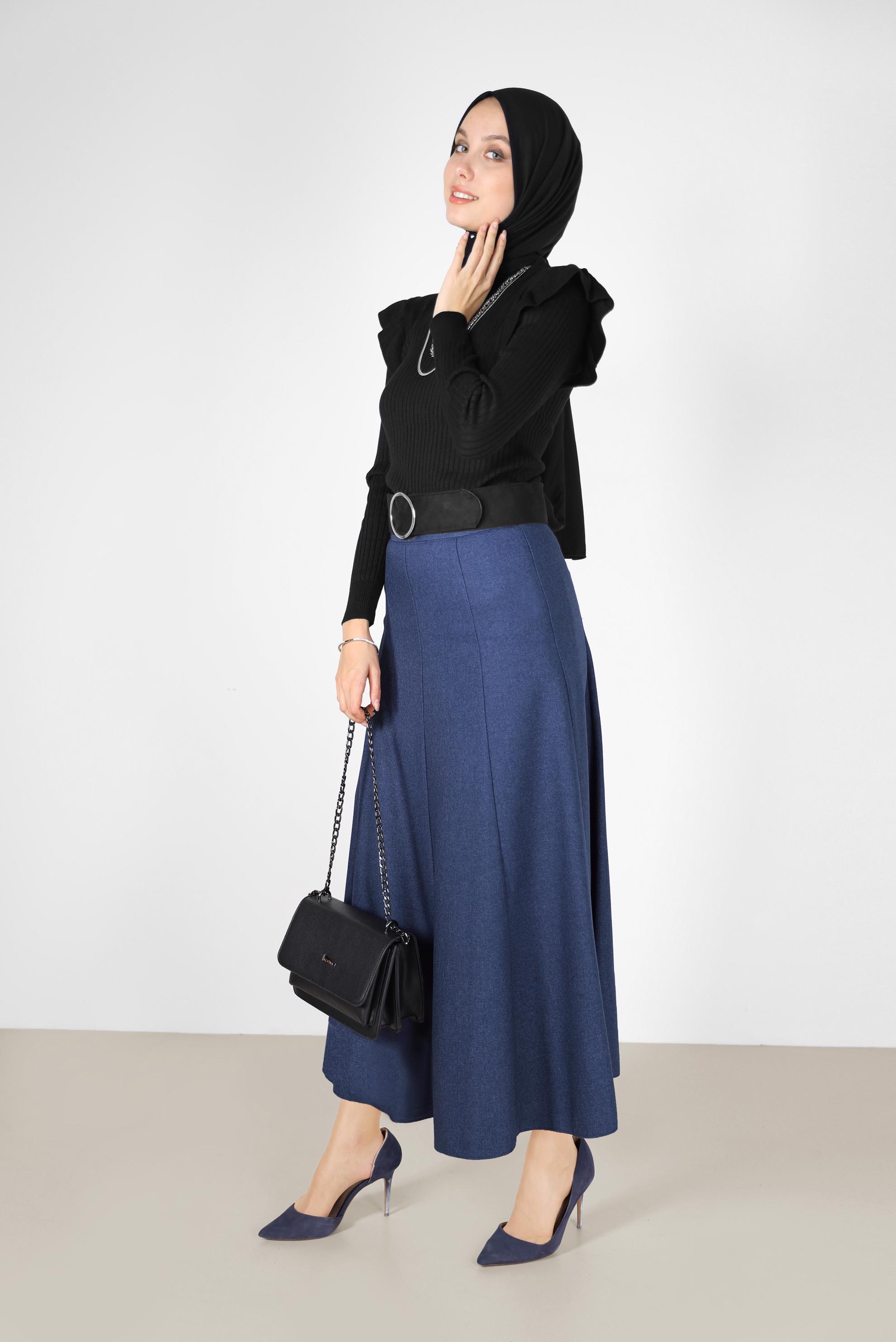 Tesettür giyim LACİVERT PARÇALI ÇAN ETEK 60208 