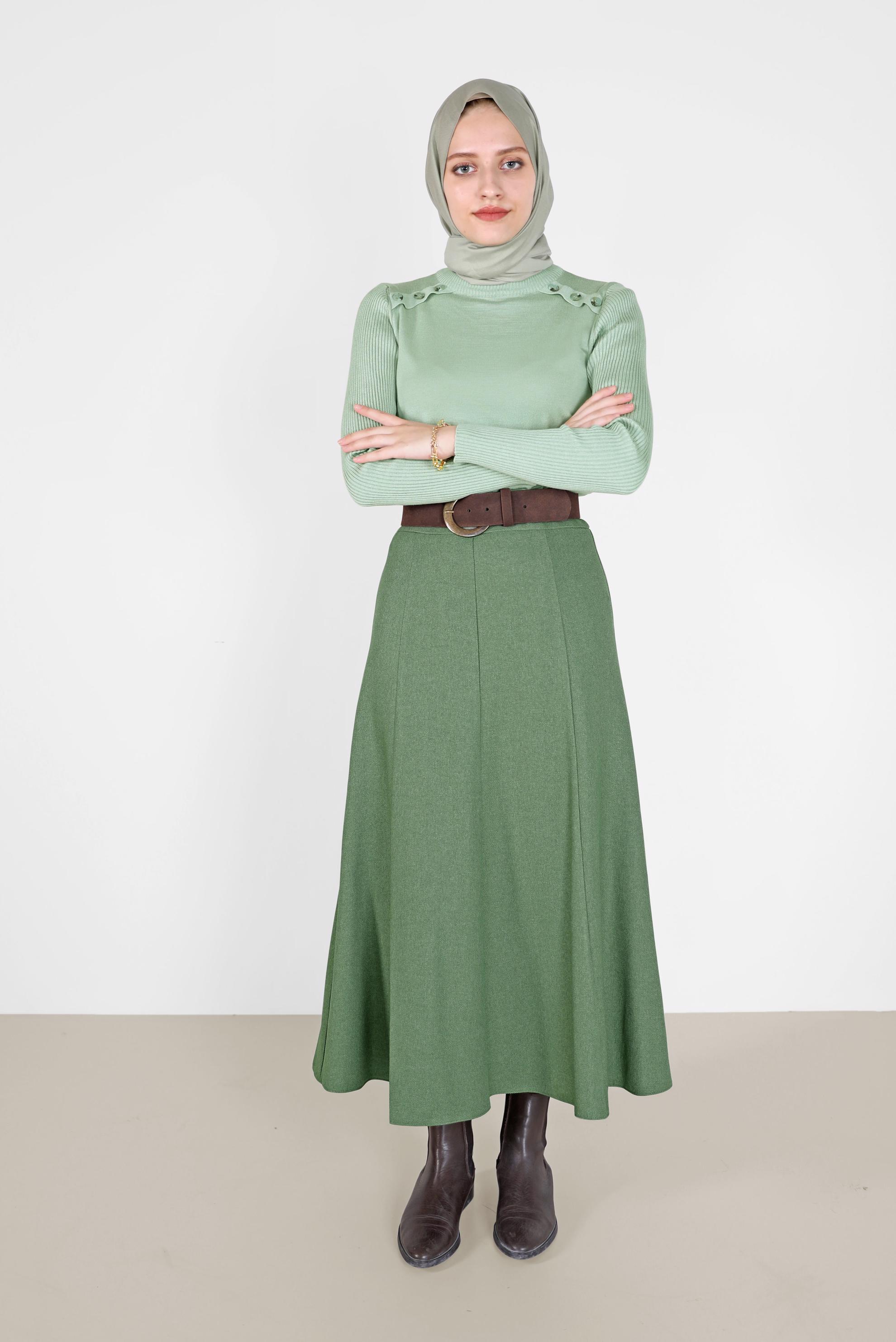 Tesettür giyim YEŞİL PARÇALI ÇAN ETEK 60208 