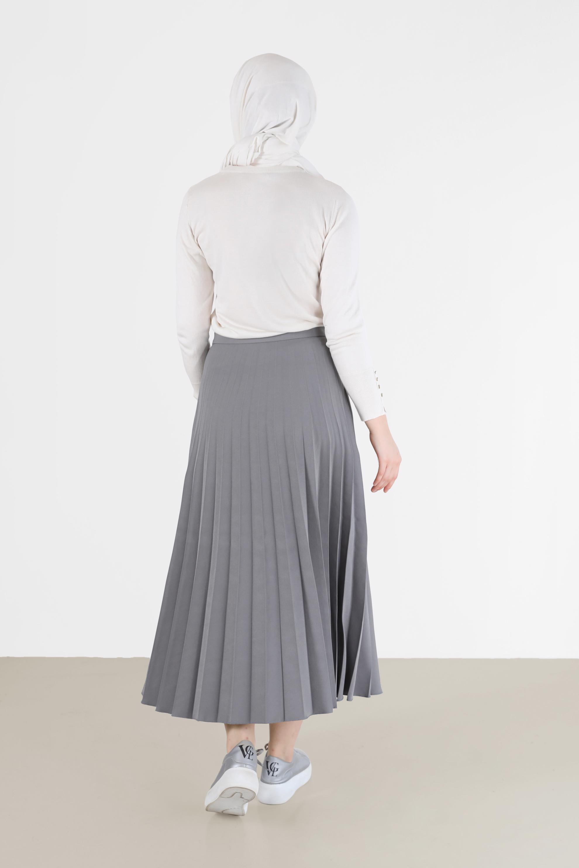 Tesettür giyim GRİ PLİSELİ KREP ETEK 60213 