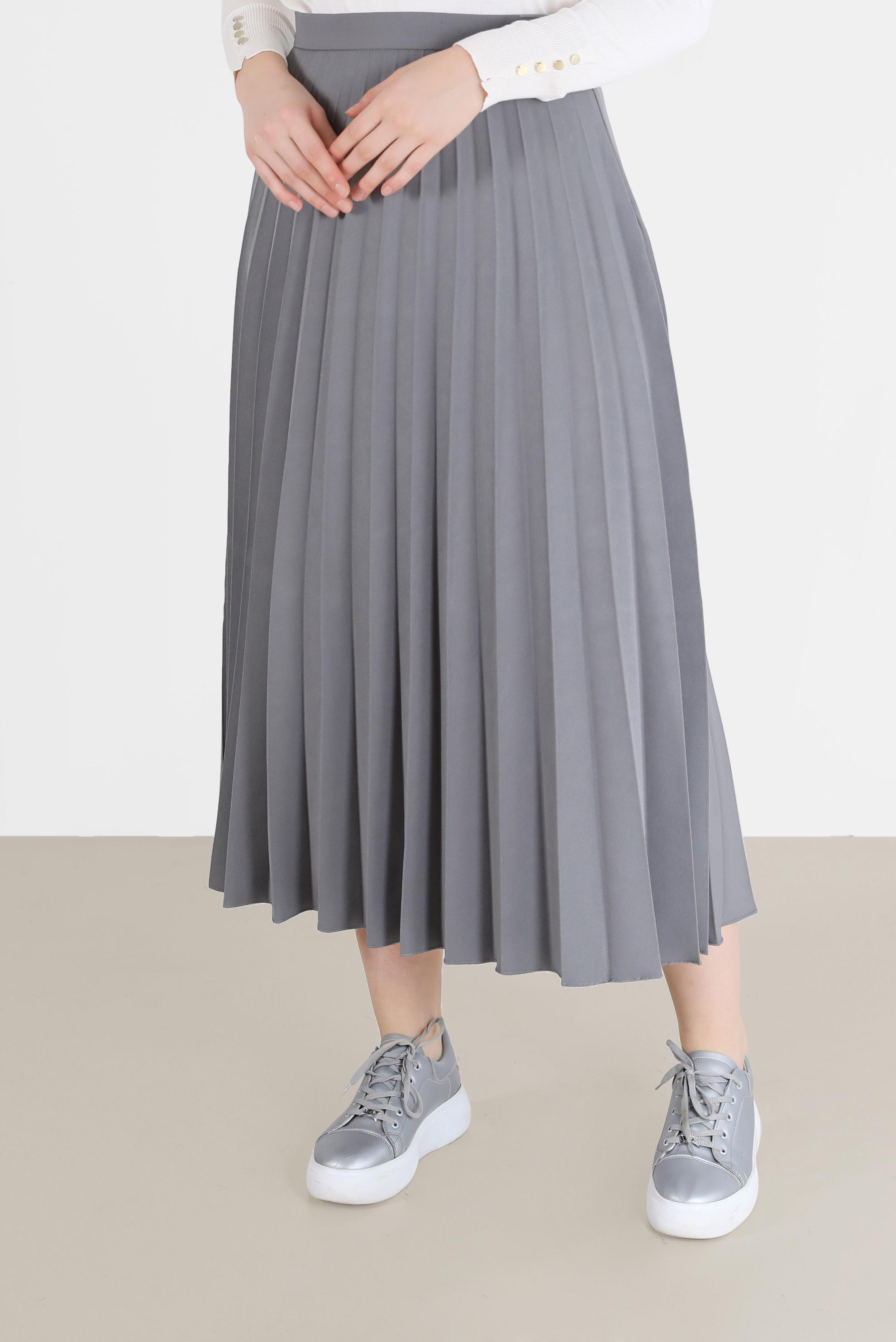 Tesettür giyim GRİ PLİSELİ KREP ETEK 60213 