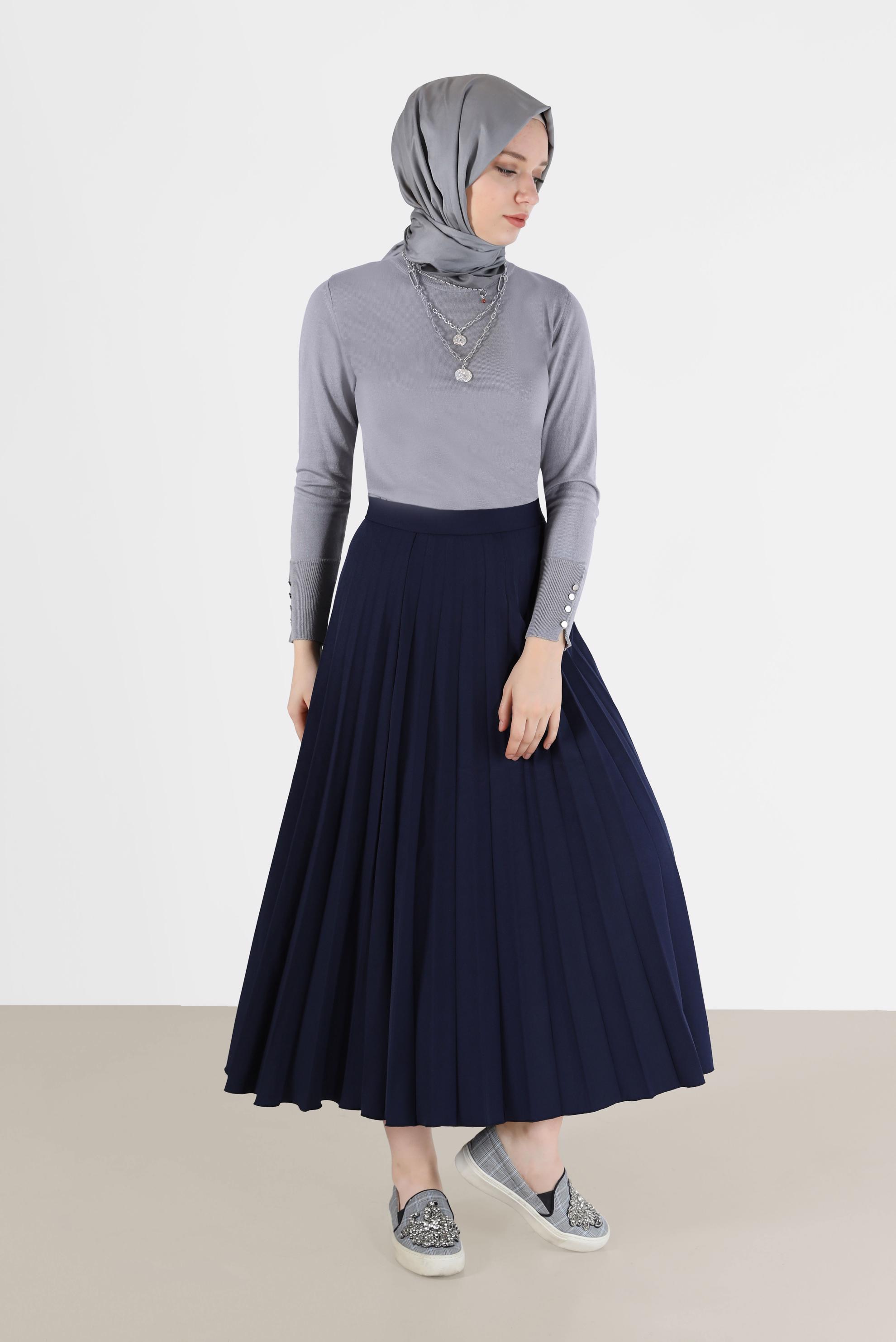 Tesettür giyim LACİVERT PLİSELİ KREP ETEK 60213 