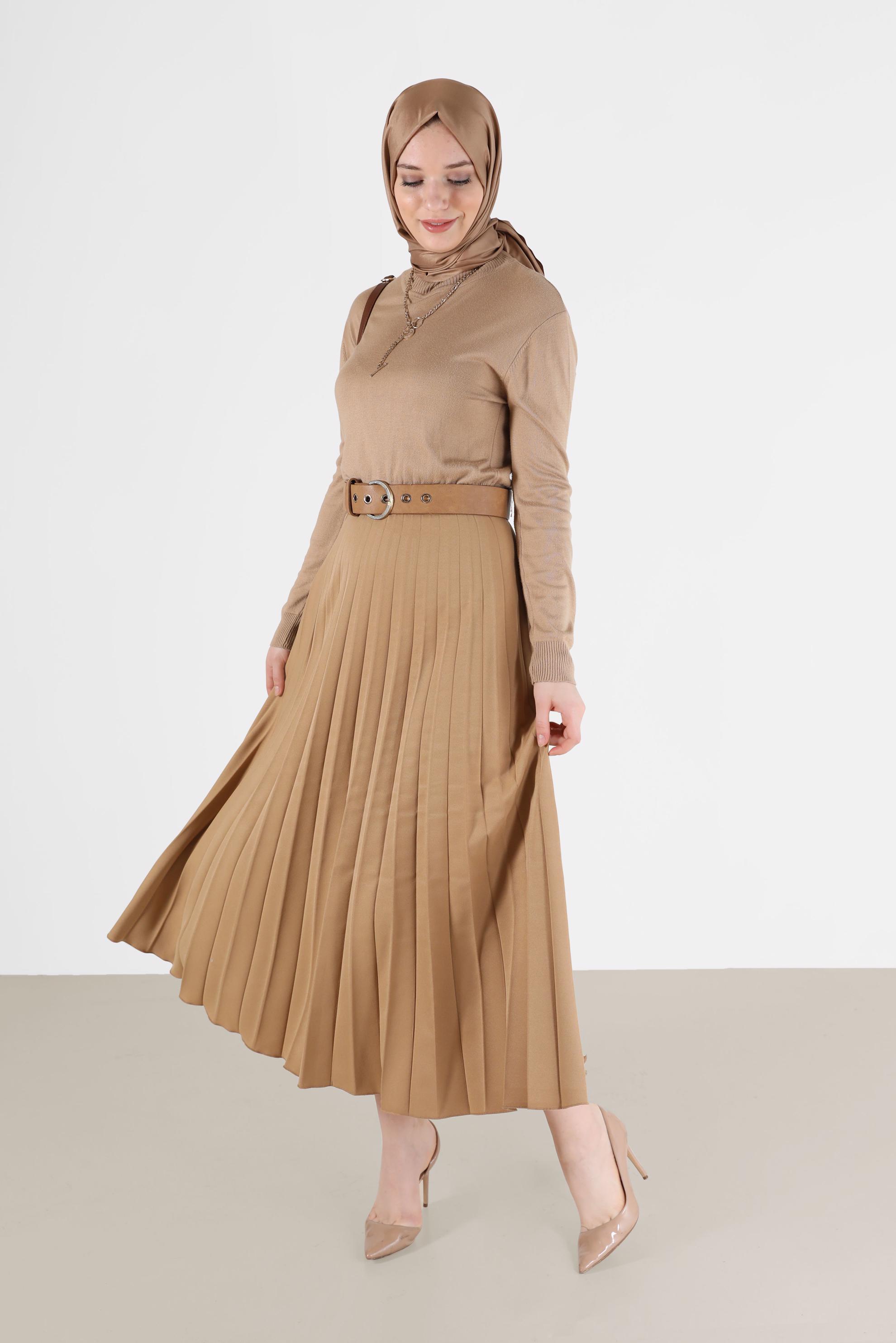 Tesettür giyim KUM PLİSELİ KREP ETEK 60213 