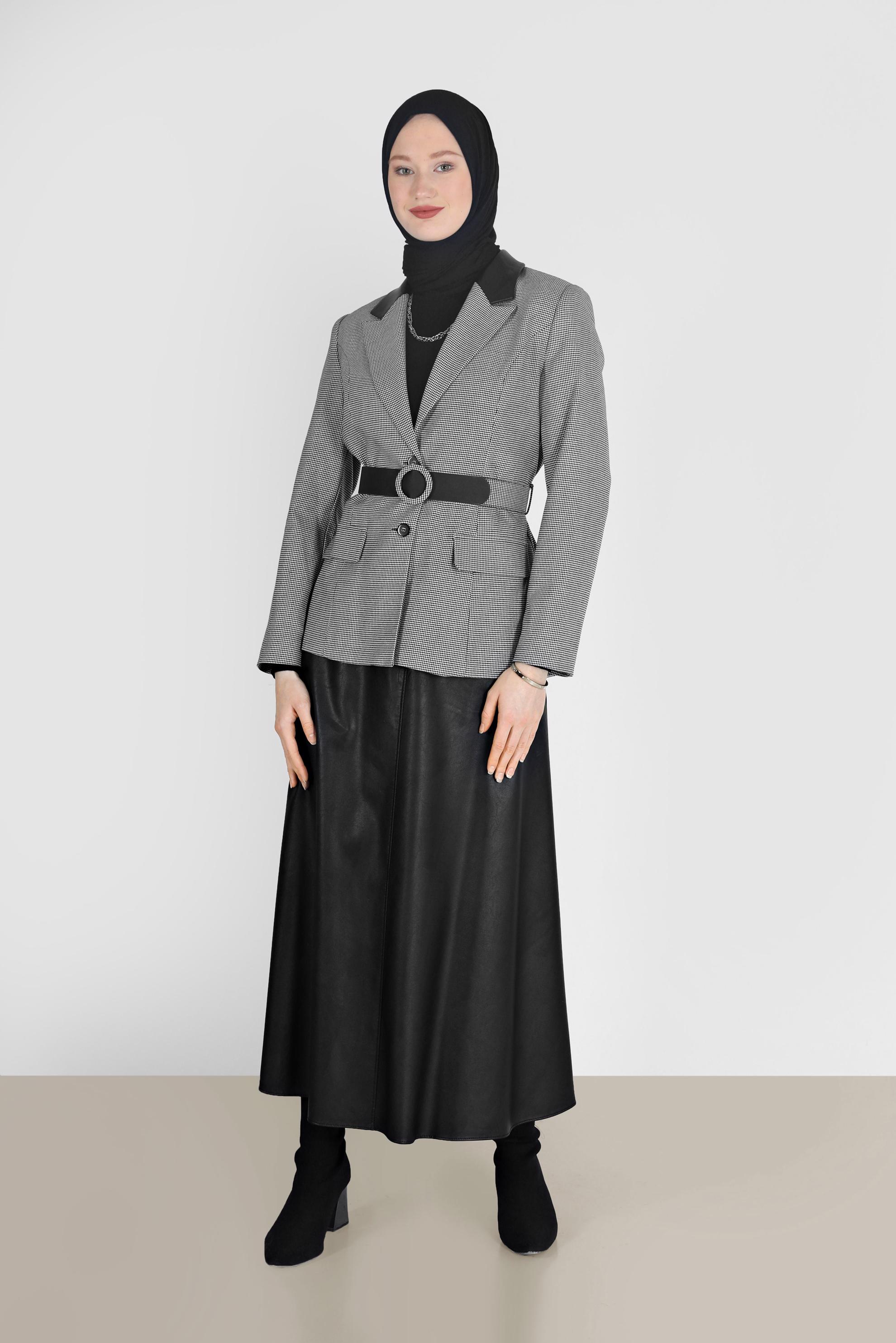 Tesettür giyim SİYAH DERİ ÇAN ETEK 60214 