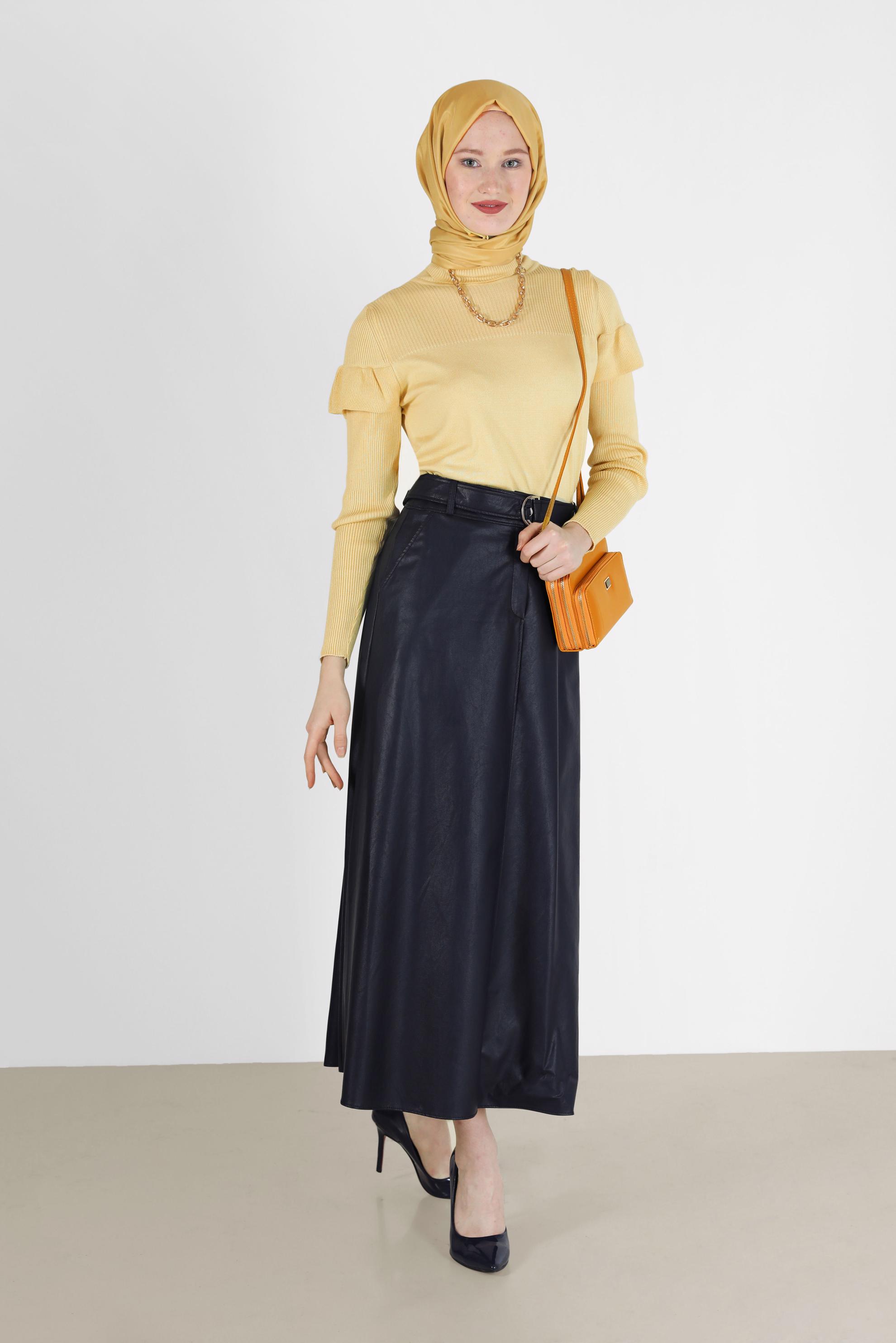 Tesettür giyim LACİVERT DERİ ÇAN ETEK 60214 