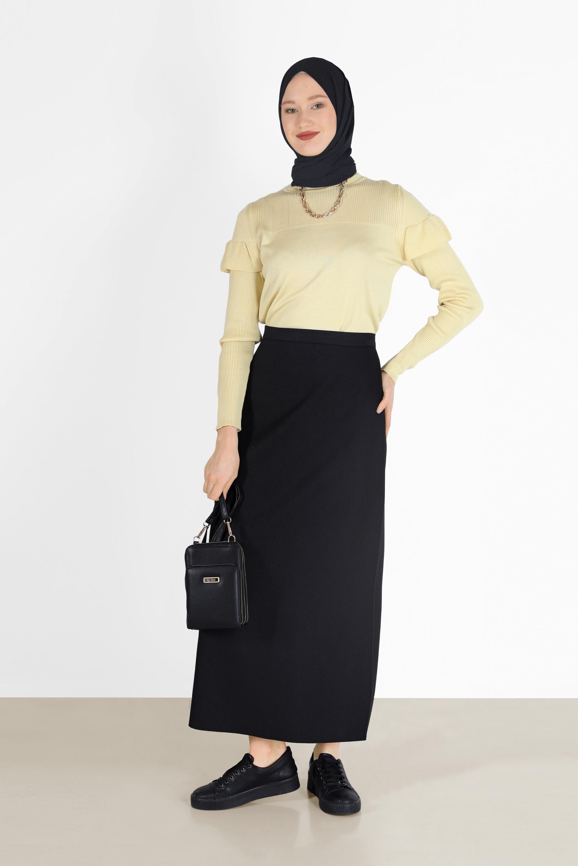 Tesettür giyim SİYAH YIRTMAÇ DETAYLI FERMUARLI ETEK 60215 