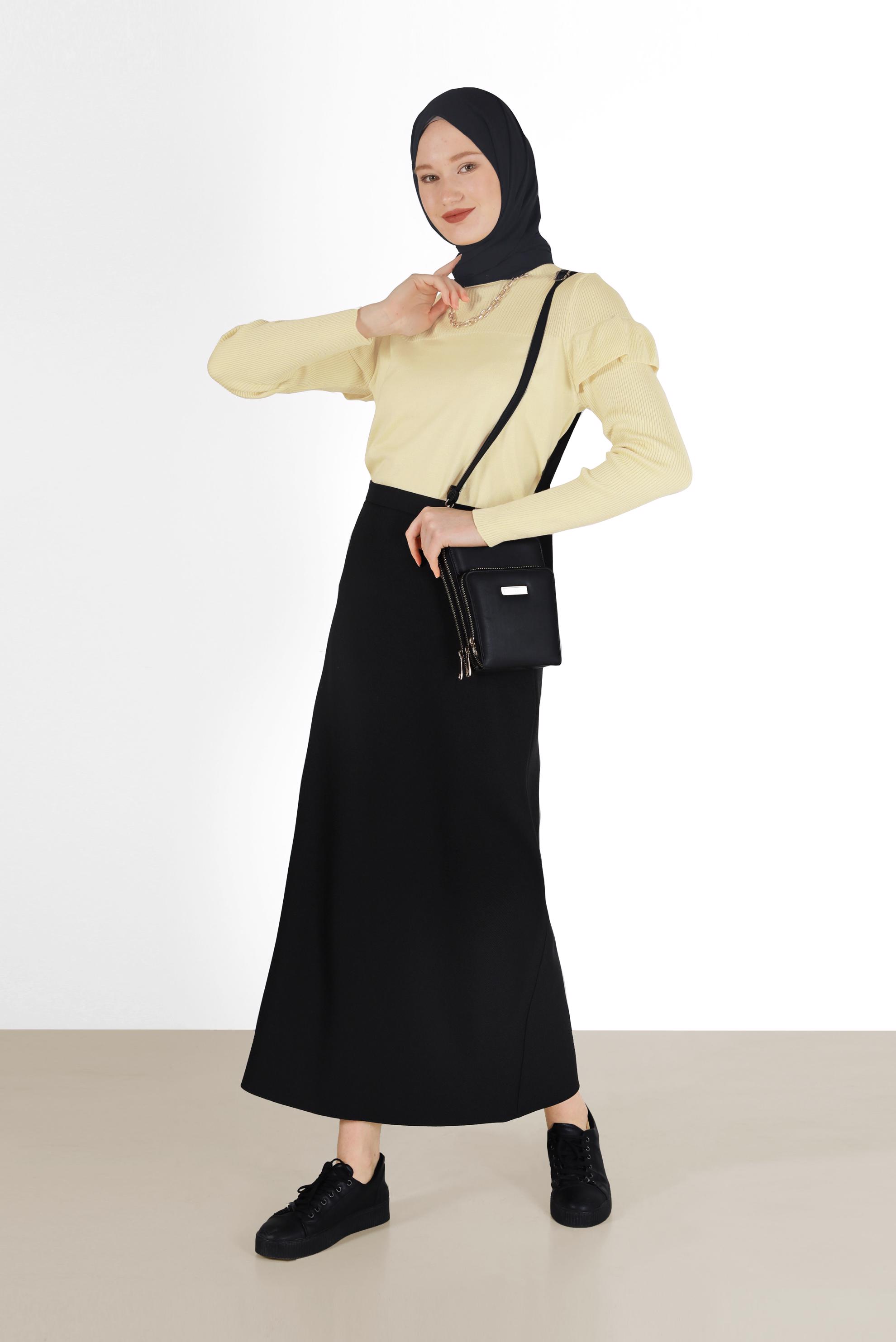 Tesettür giyim SİYAH YIRTMAÇ DETAYLI FERMUARLI ETEK 60215 