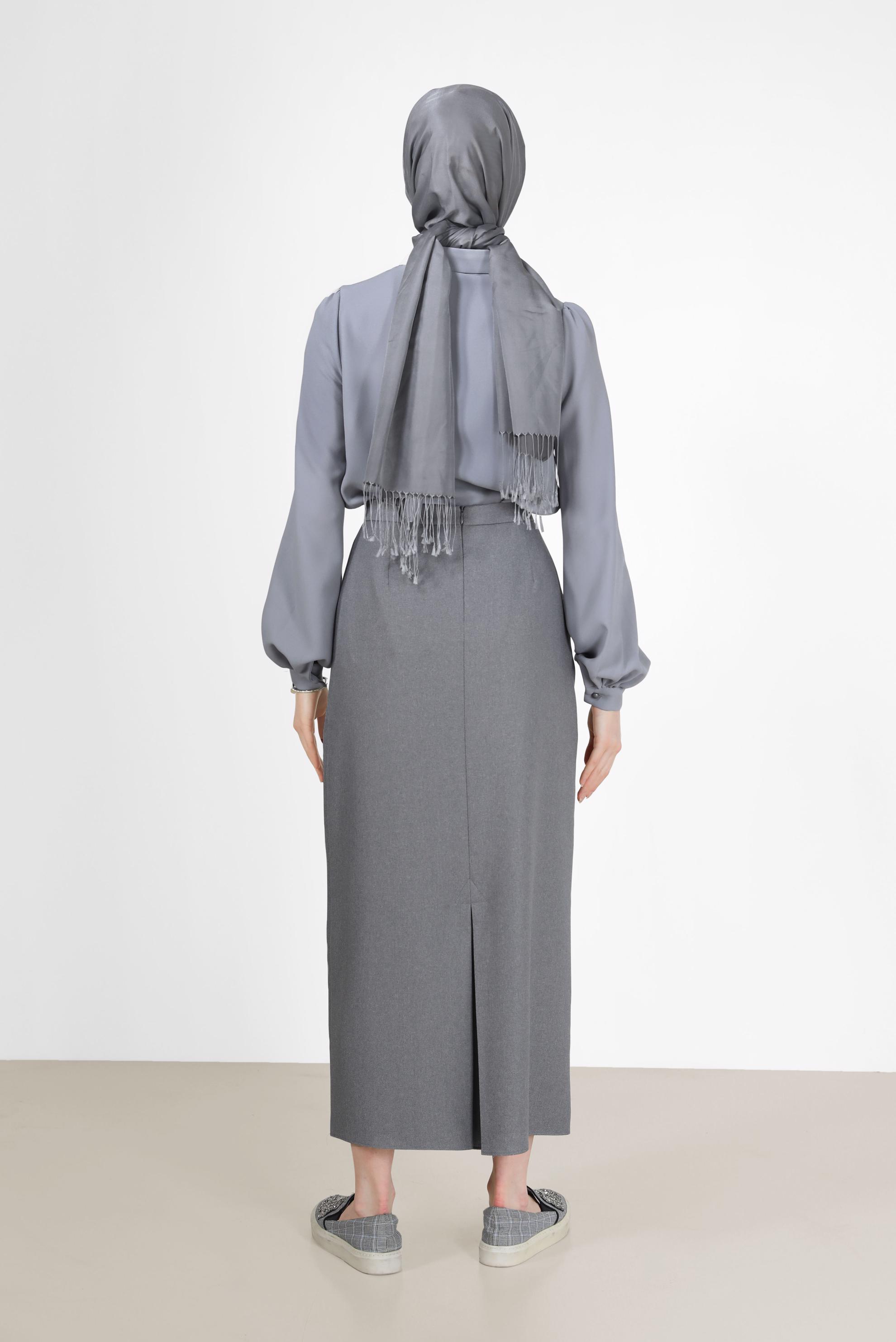 Tesettür giyim GRİ YIRTMAÇ DETAYLI FERMUARLI ETEK 60215 