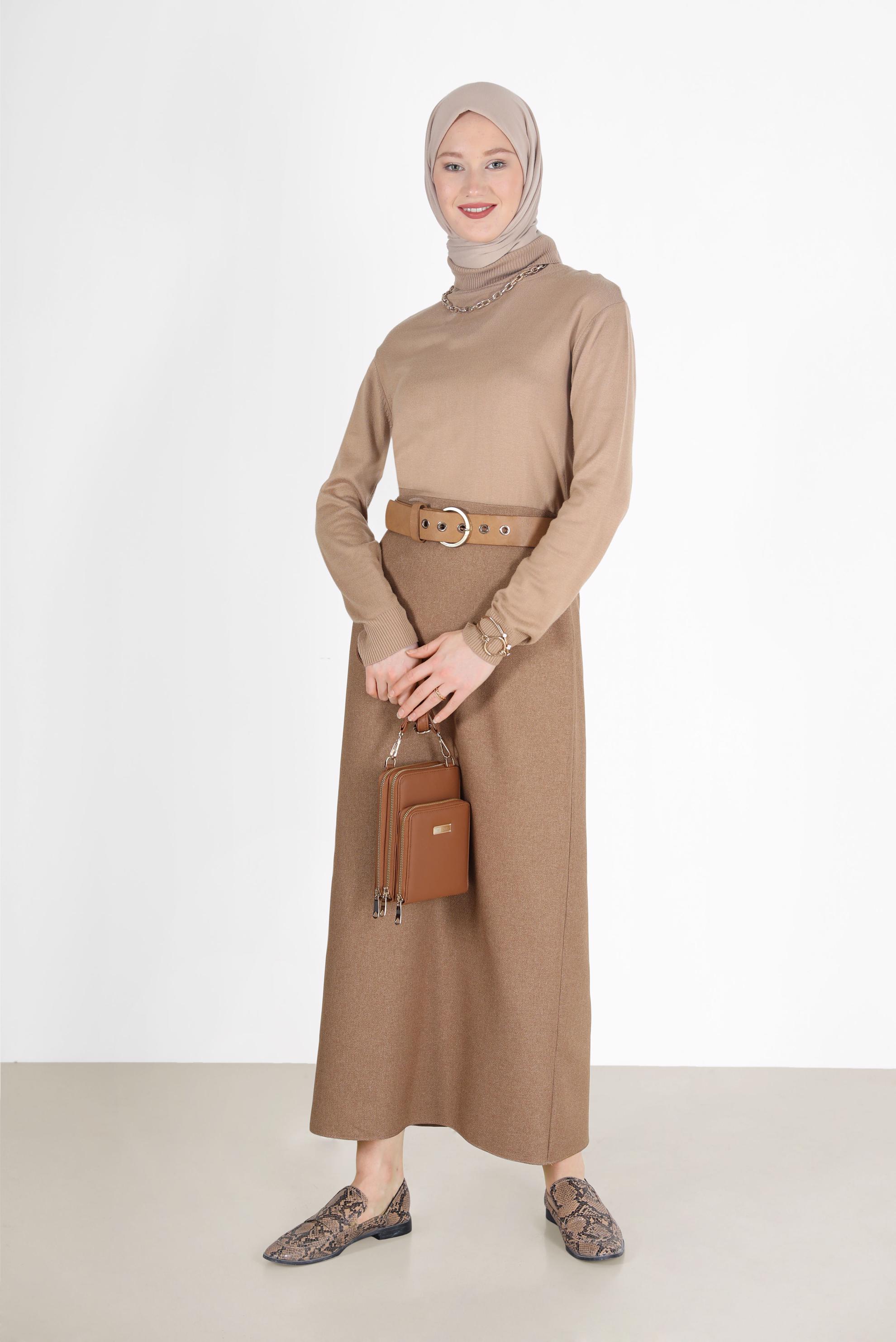 Tesettür giyim KAHVE YIRTMAÇ DETAYLI FERMUARLI ETEK 60215 