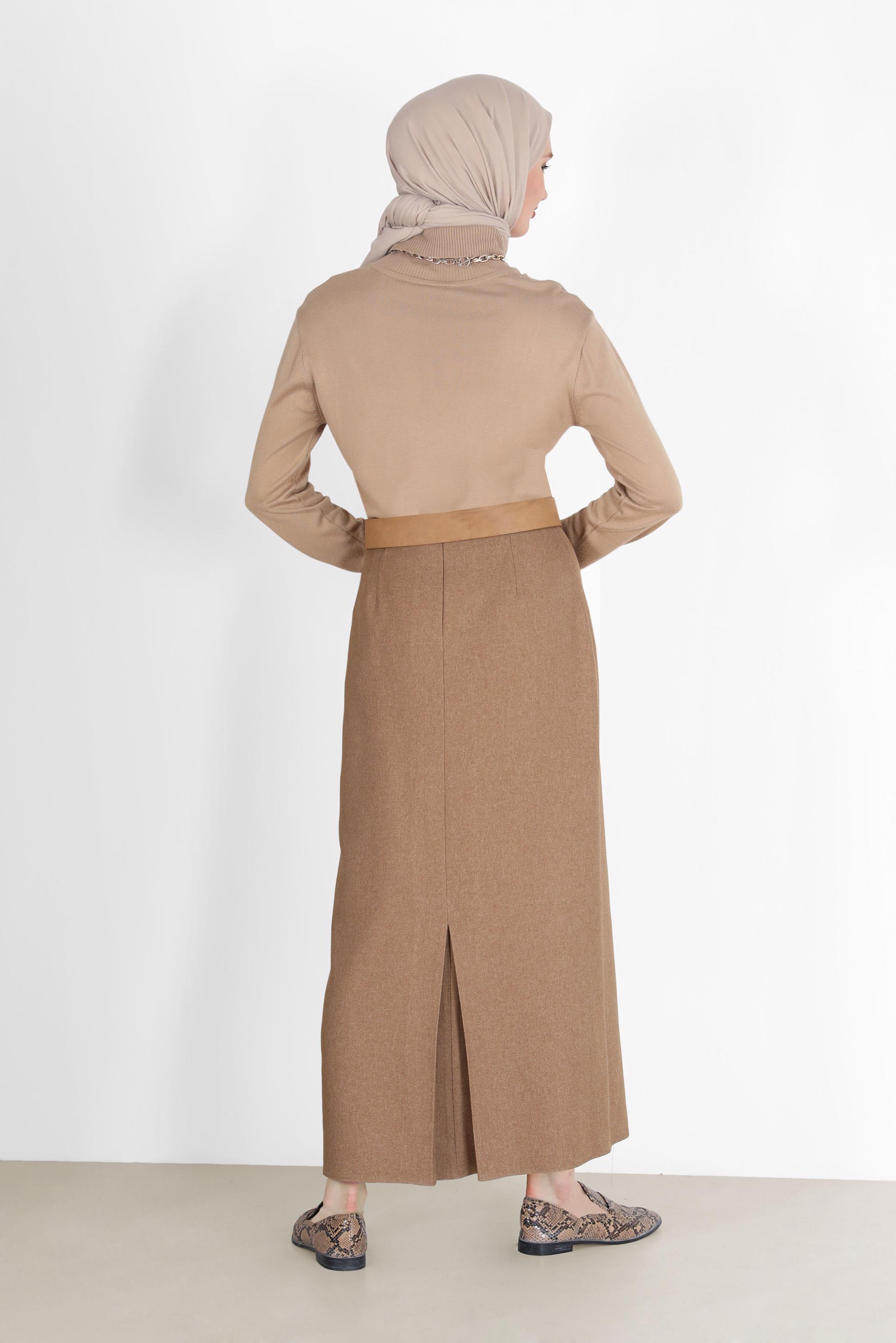 Tesettür giyim KAHVE YIRTMAÇ DETAYLI FERMUARLI ETEK 60215 