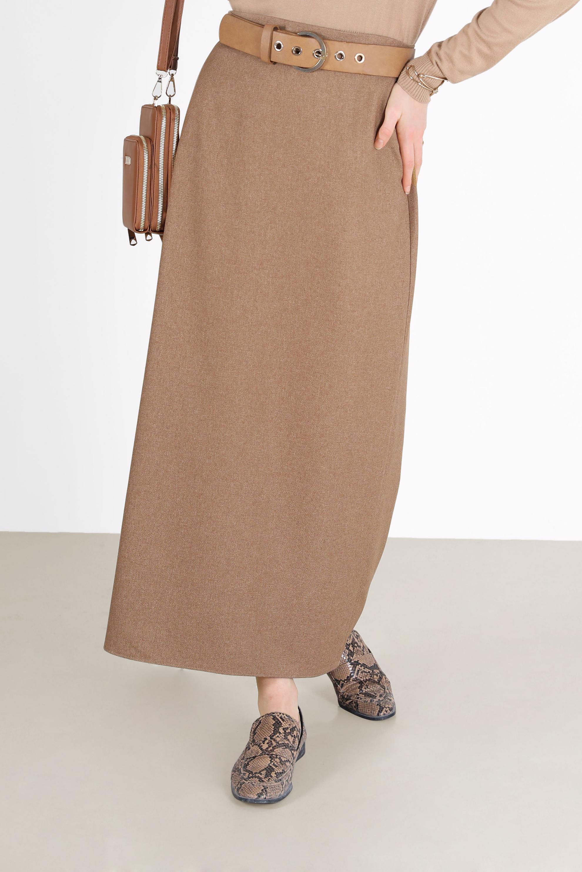 Tesettür giyim KAHVE YIRTMAÇ DETAYLI FERMUARLI ETEK 60215 