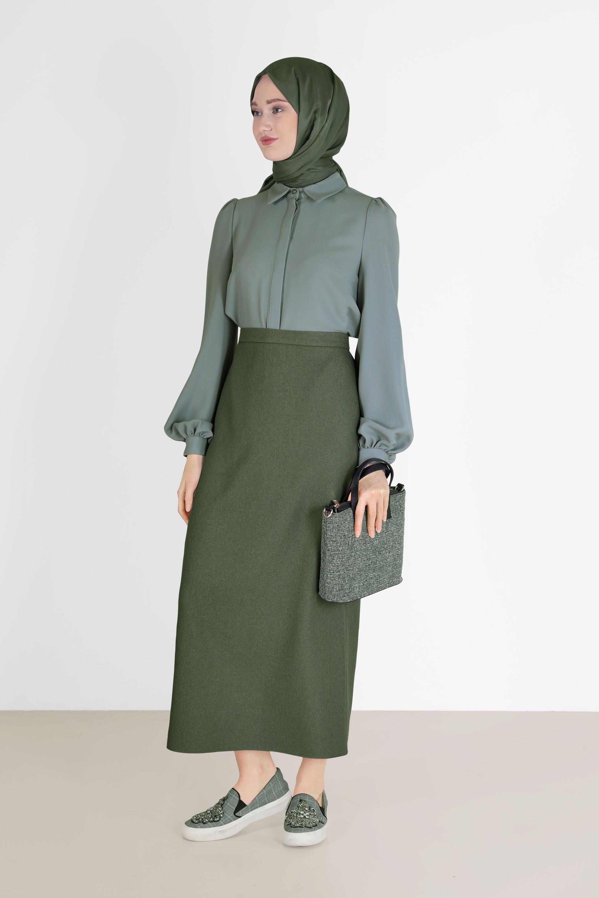 Tesettür giyim HAKİ YIRTMAÇ DETAYLI FERMUARLI ETEK 60215 