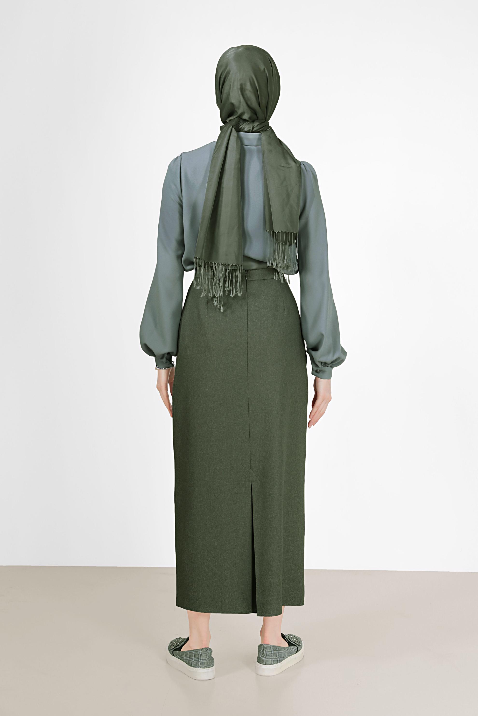 Tesettür giyim HAKİ YIRTMAÇ DETAYLI FERMUARLI ETEK 60215 