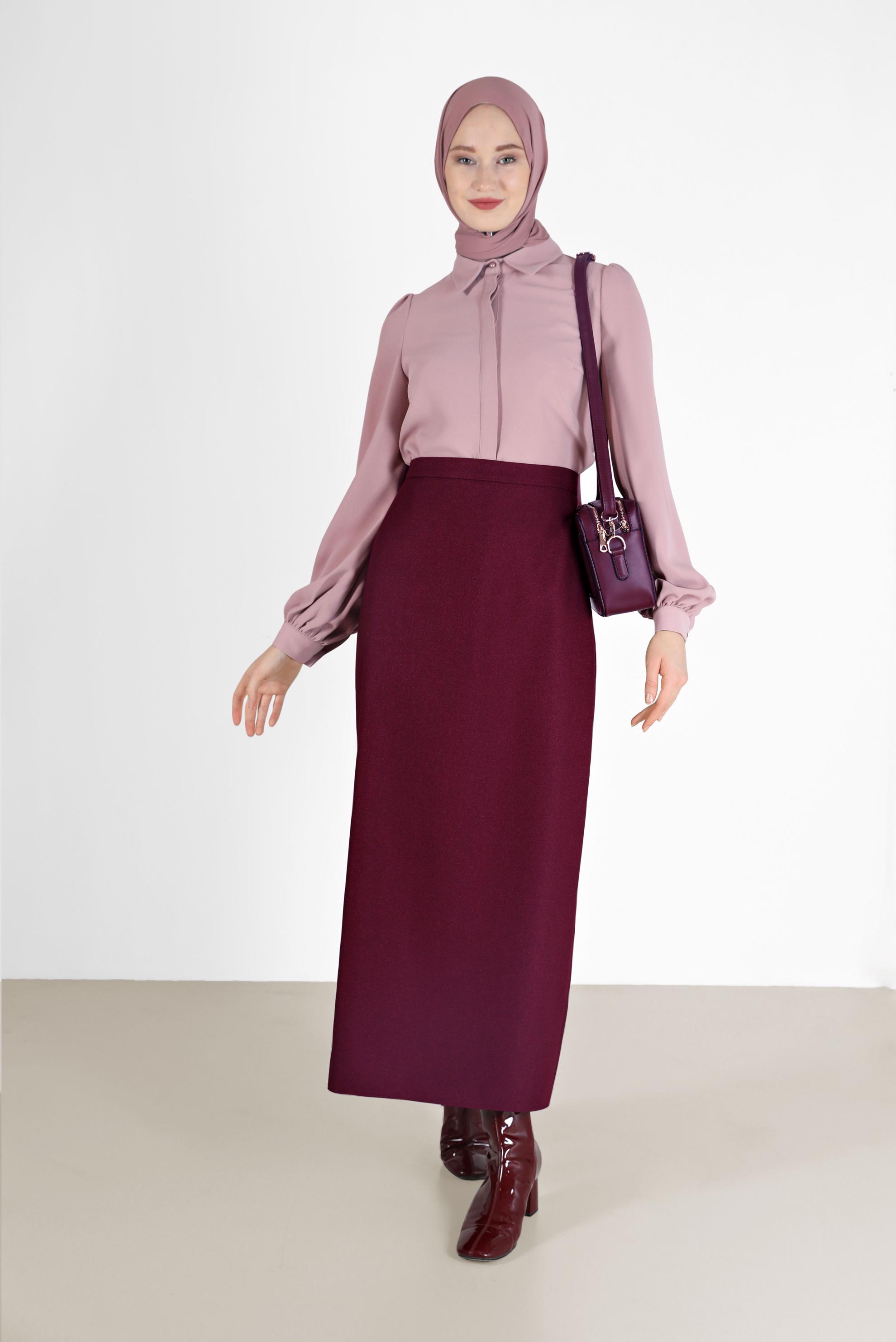 Tesettür giyim MÜRDÜM YIRTMAÇ DETAYLI FERMUARLI ETEK 60215 