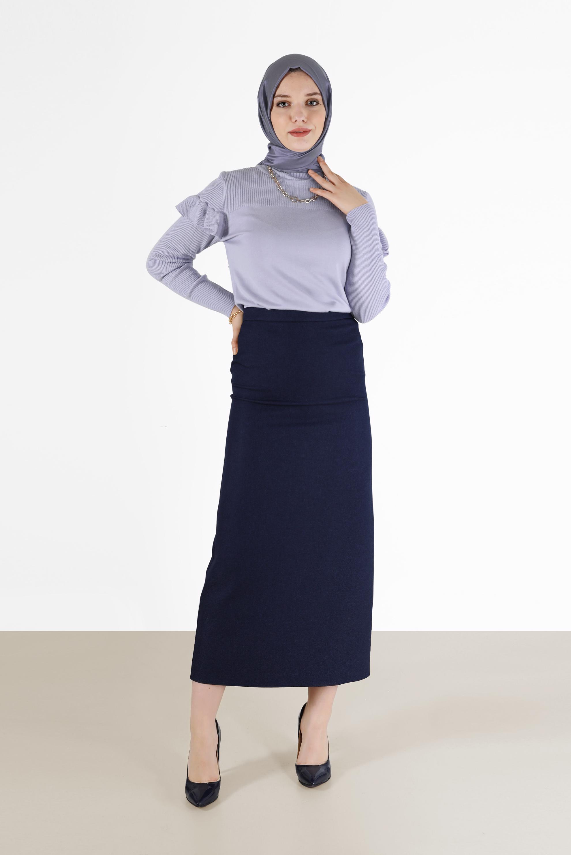 Tesettür giyim LACİVERT YIRTMAÇ DETAYLI FERMUARLI ETEK 60215 