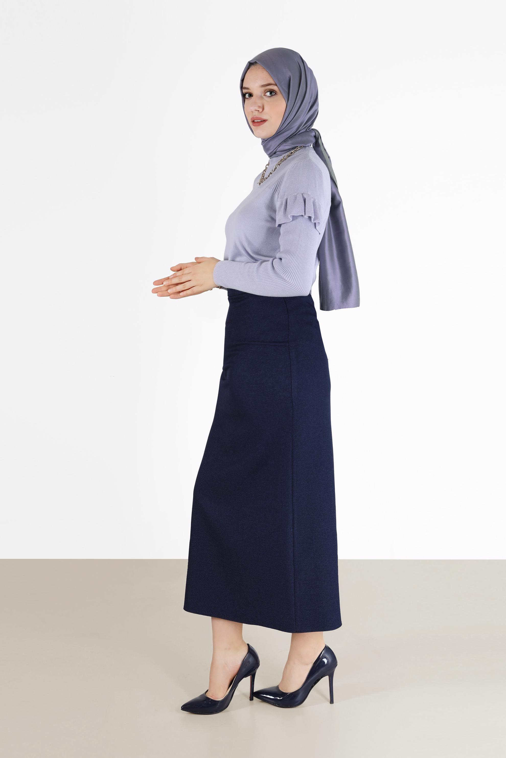 Tesettür giyim LACİVERT YIRTMAÇ DETAYLI FERMUARLI ETEK 60215 