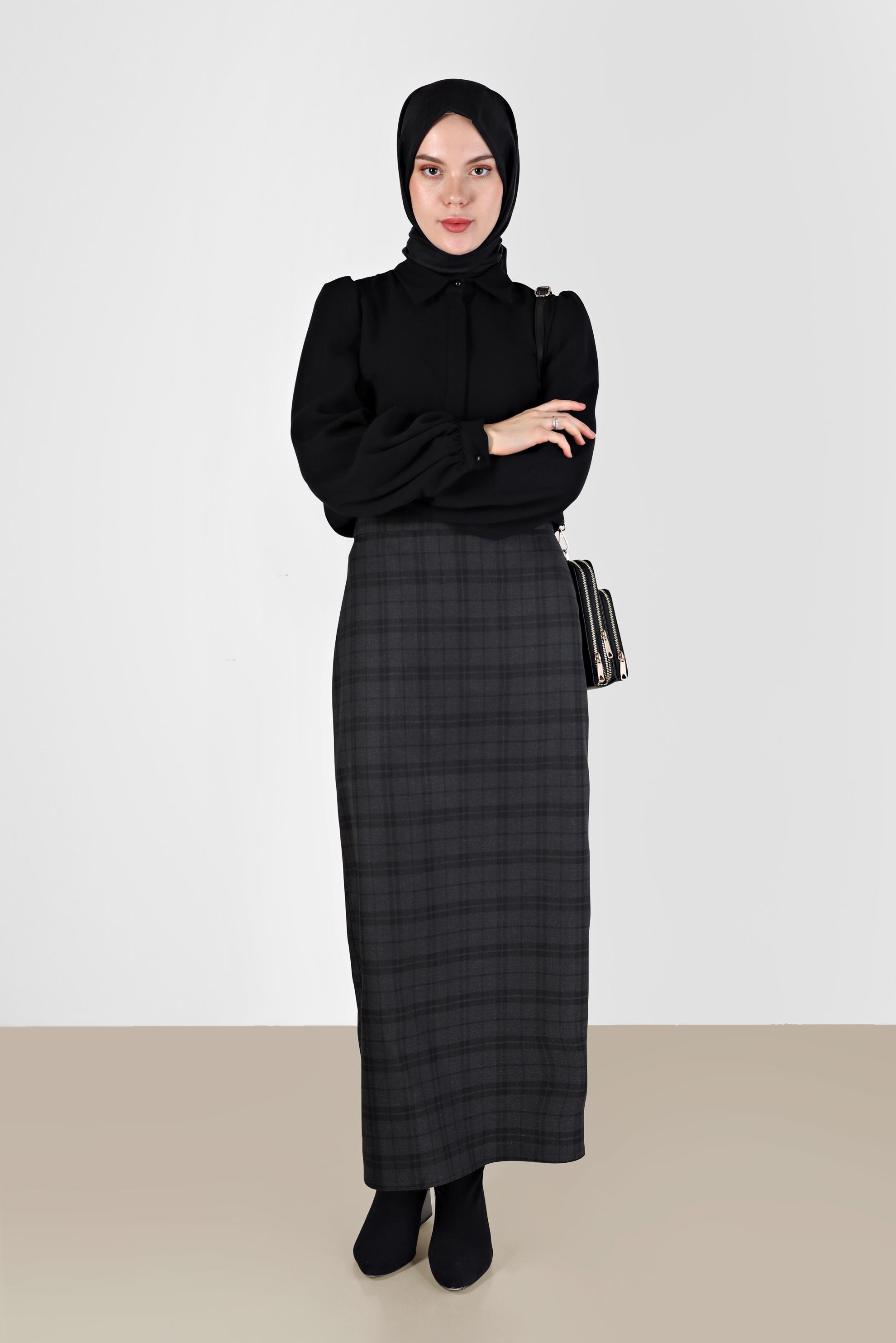 Tesettür giyim SİYAH EKOSE KALEM ETEK 60216 