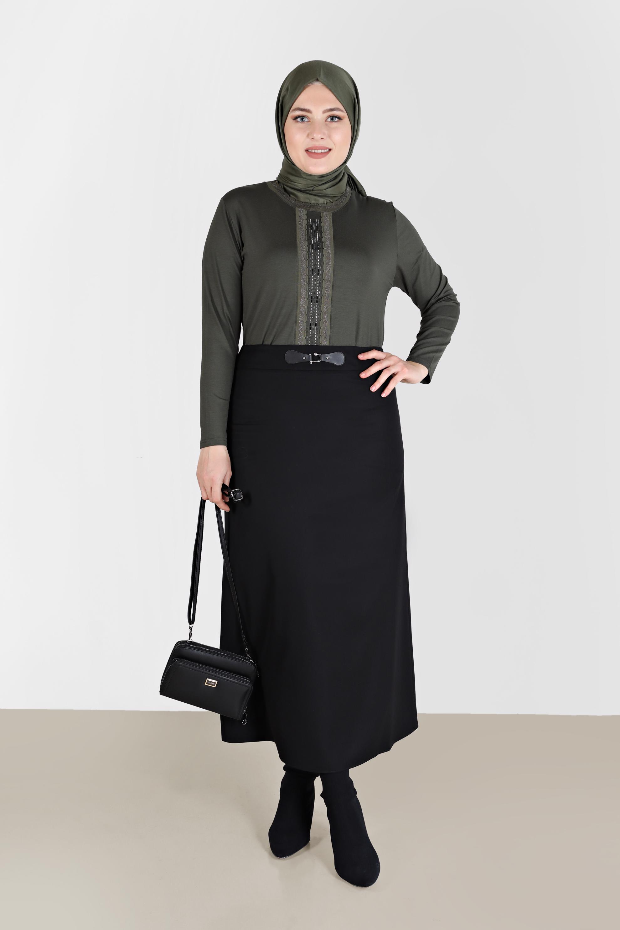 Vêtements hijab NOIR JUPE À DÉTAILS EN CUIR 60217