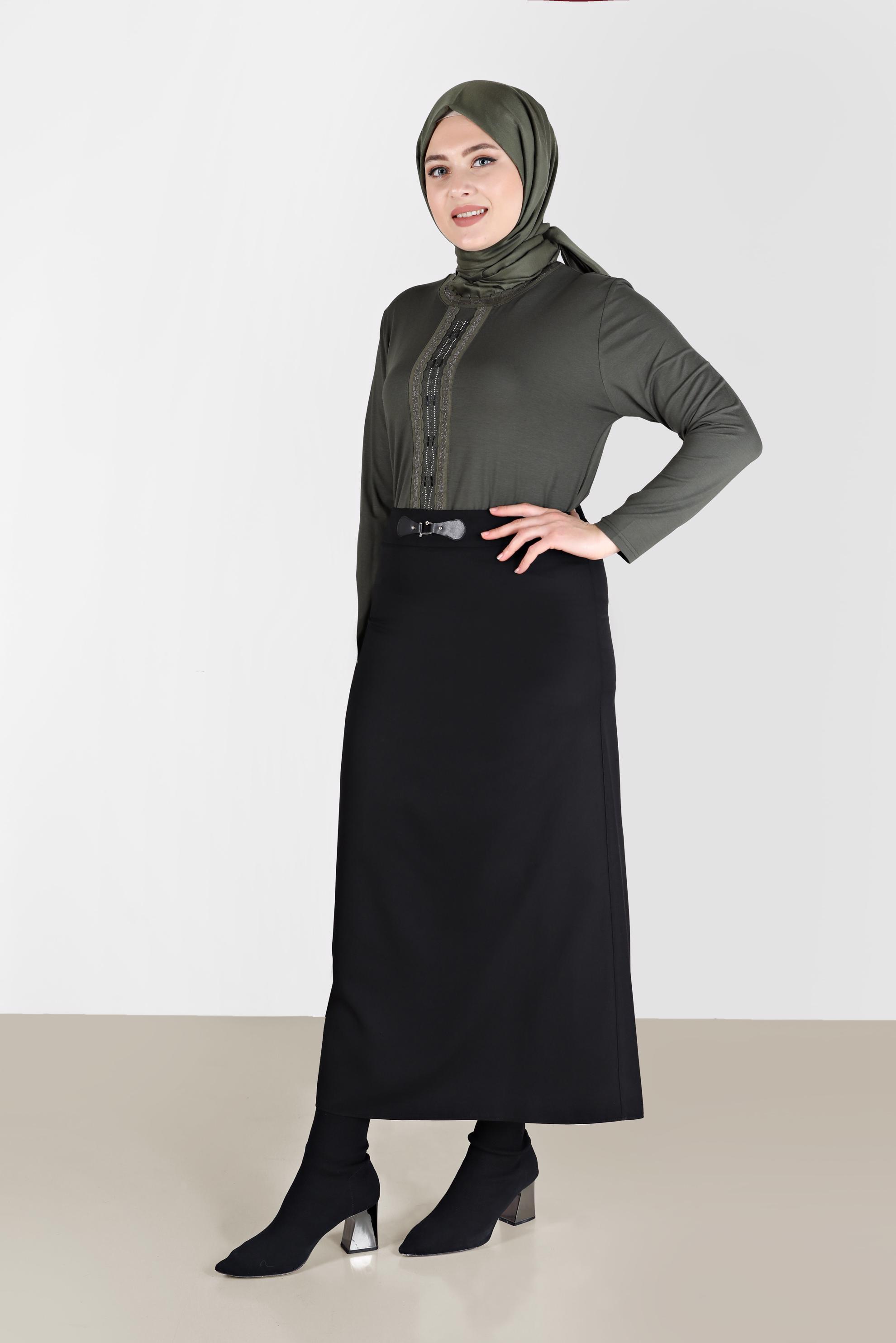 Vêtements hijab NOIR JUPE À DÉTAILS EN CUIR 60217