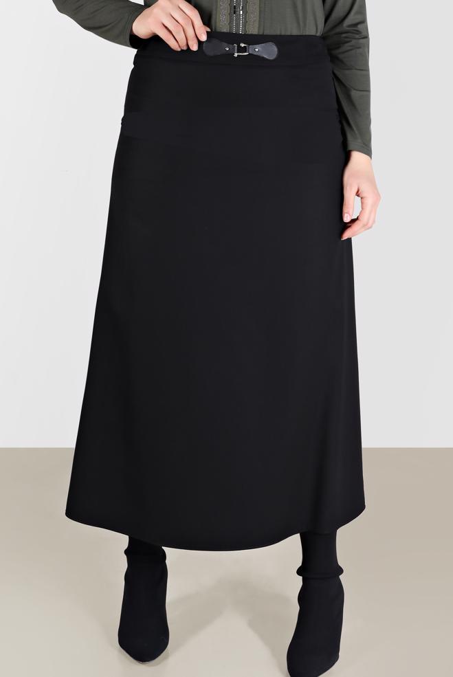 Tesettür giyim SİYAH DERİ DETAYLI BÜYÜK BEDEN ETEK 60217  - ALVİNA