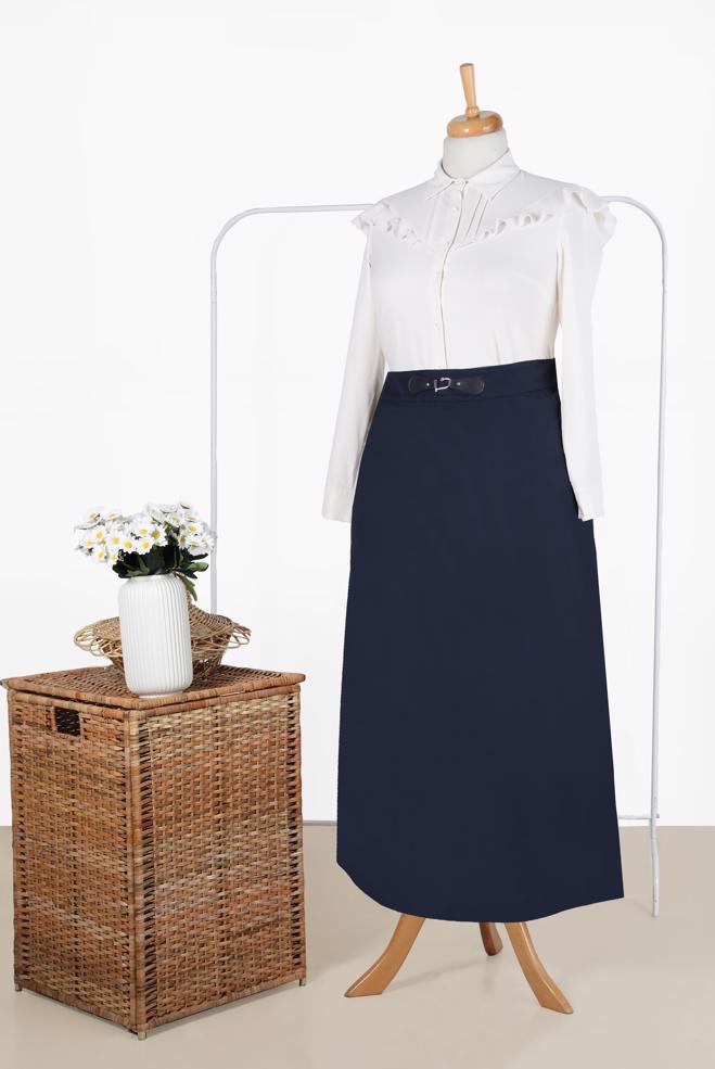 Tesettür giyim LACİVERT DERİ DETAYLI BÜYÜK BEDEN ETEK 60217  - ALVİNA