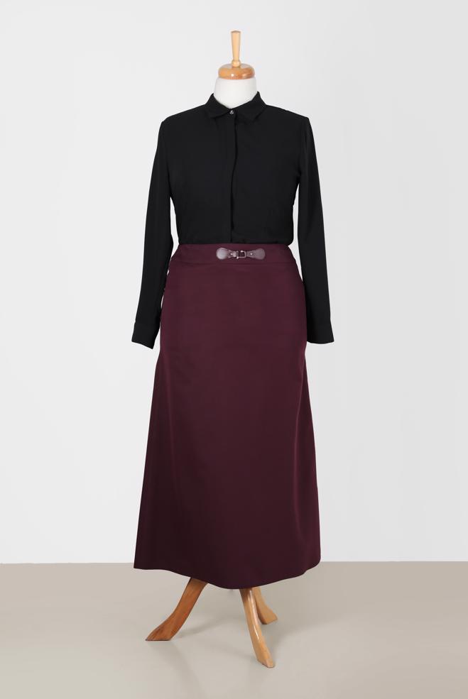 Tesettür giyim MÜRDÜM DERİ DETAYLI BÜYÜK BEDEN ETEK 60217  - ALVİNA