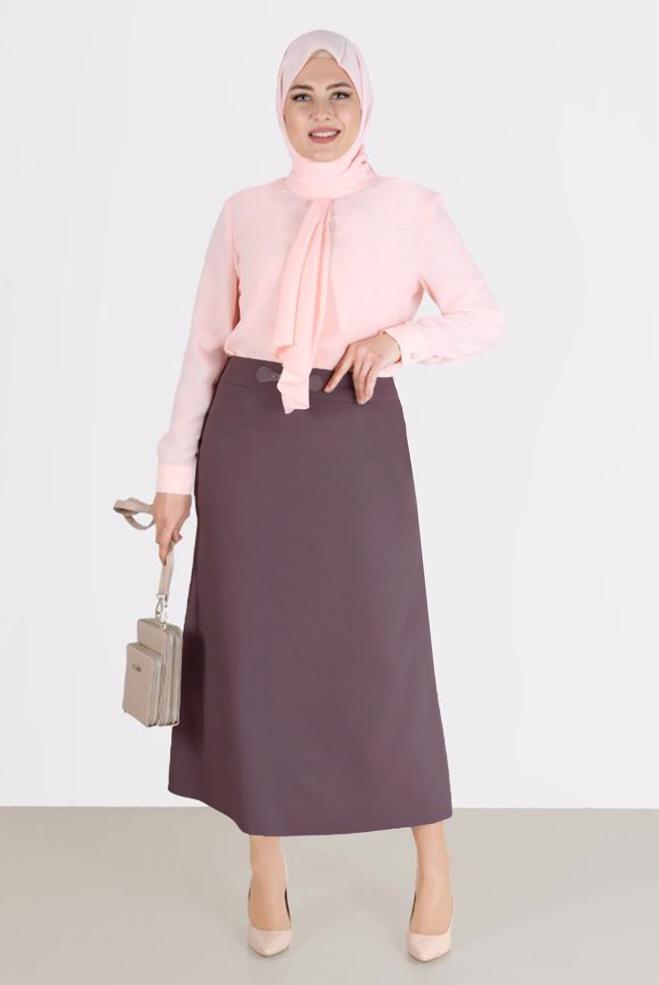 Tesettür giyim PEMBE DERİ DETAYLI BÜYÜK BEDEN ETEK 60217  - ALVİNA