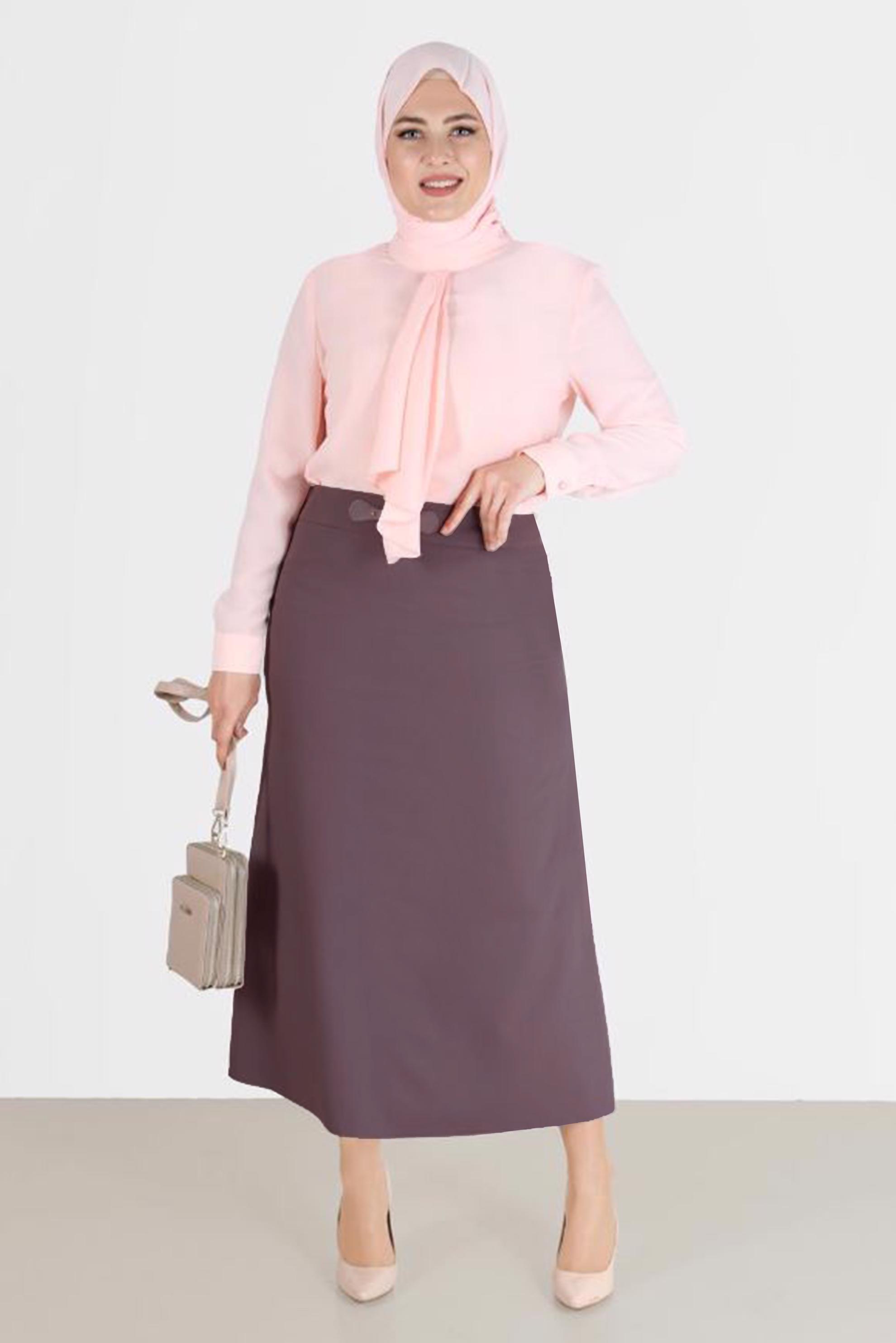 Tesettür giyim PEMBE DERİ DETAYLI BÜYÜK BEDEN ETEK 60217 