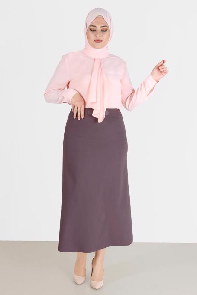 Tesettür giyim PEMBE DERİ DETAYLI BÜYÜK BEDEN ETEK 60217  - ALVİNA