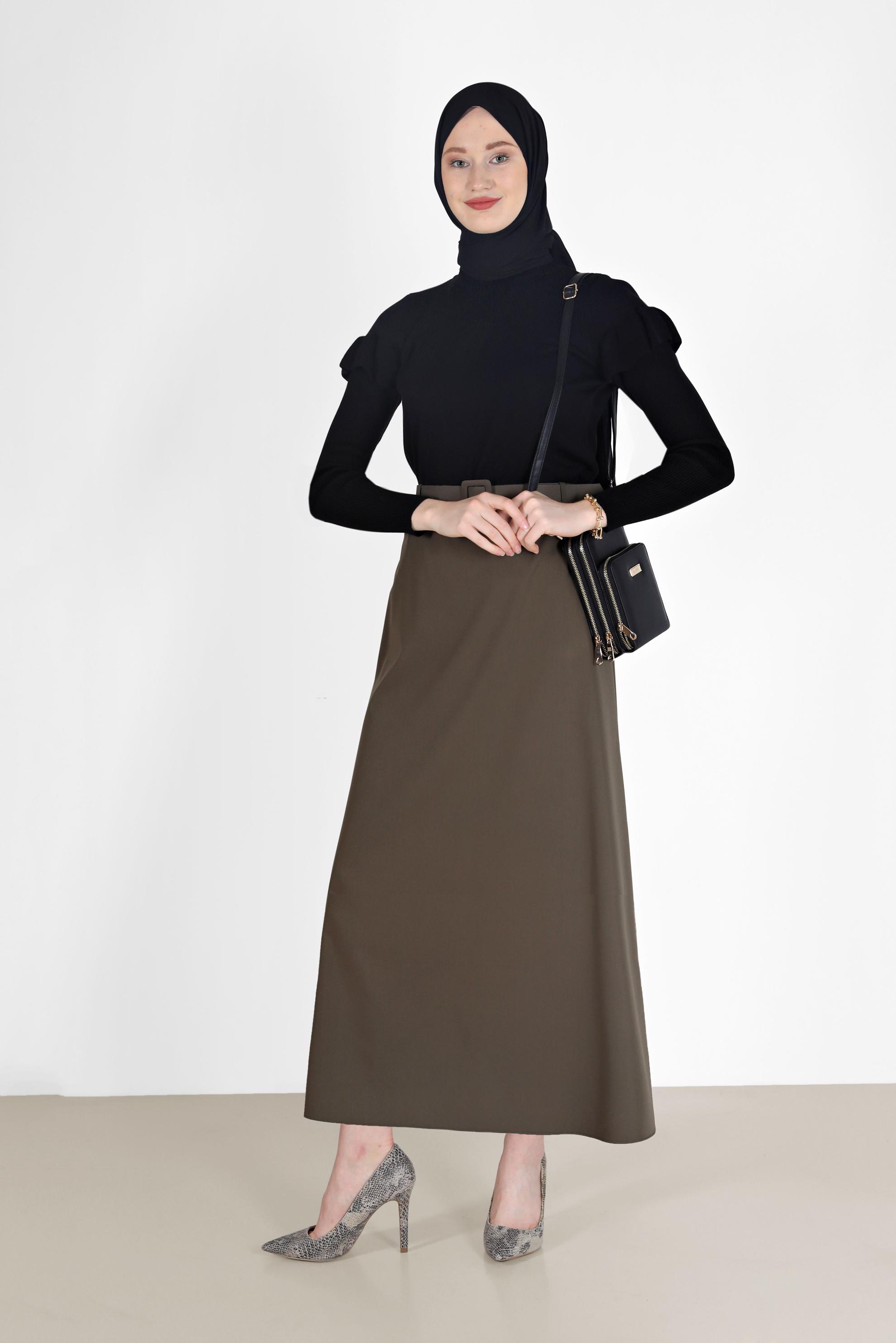 Tesettür giyim HAKİ KLASİK ETEK 60219 