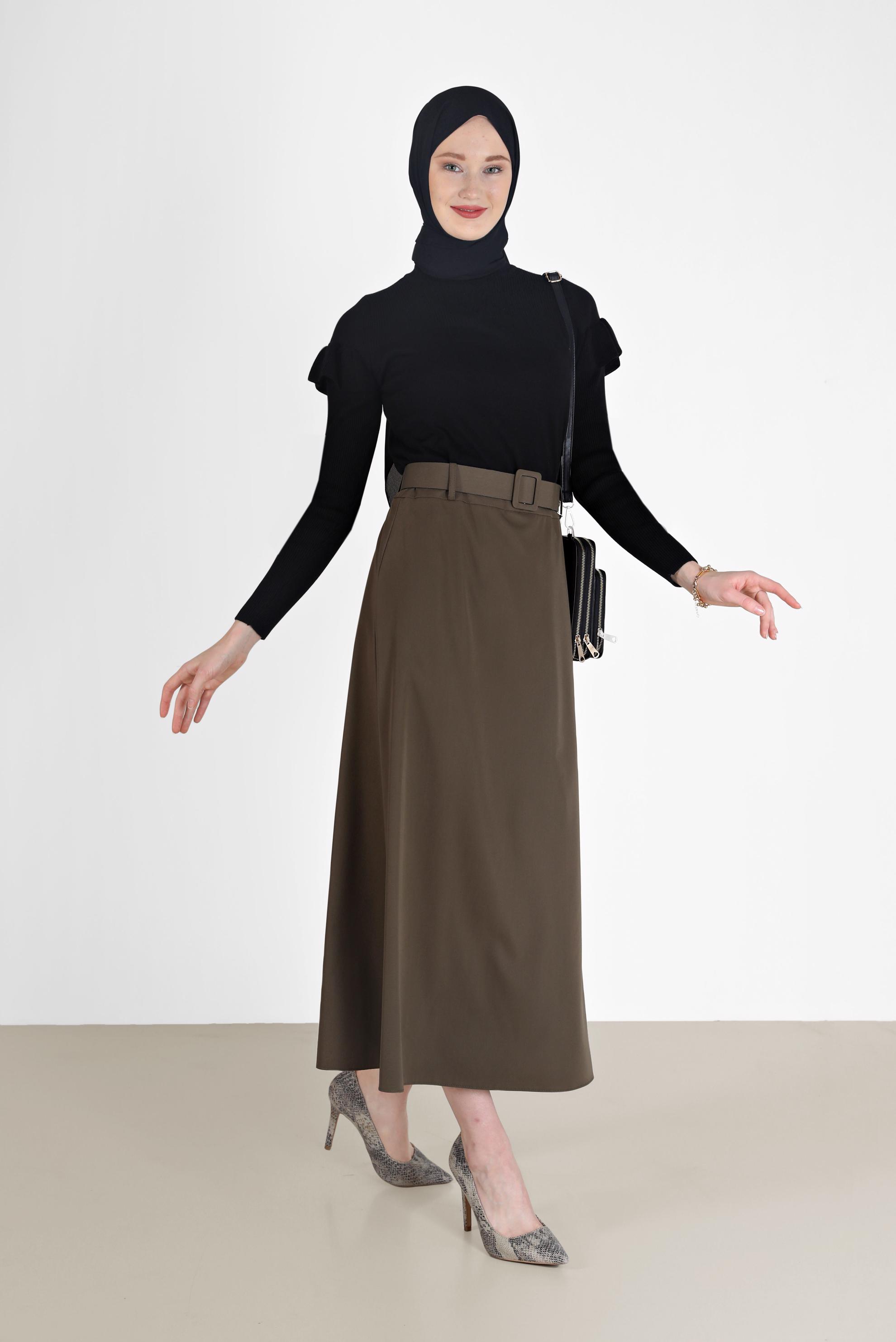 Tesettür giyim HAKİ KLASİK ETEK 60219 